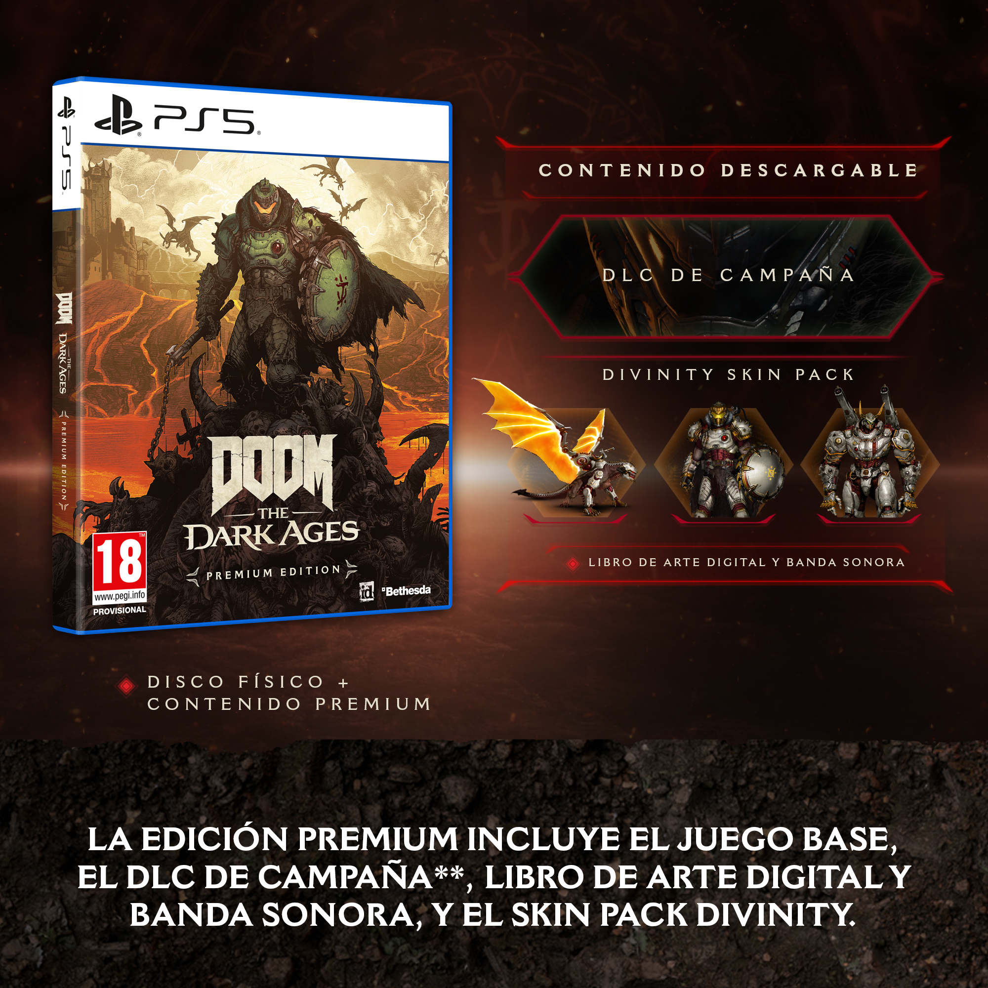 Caja de juego DOOM: The Dark Ages, con detalles de contenido premium, PS5.