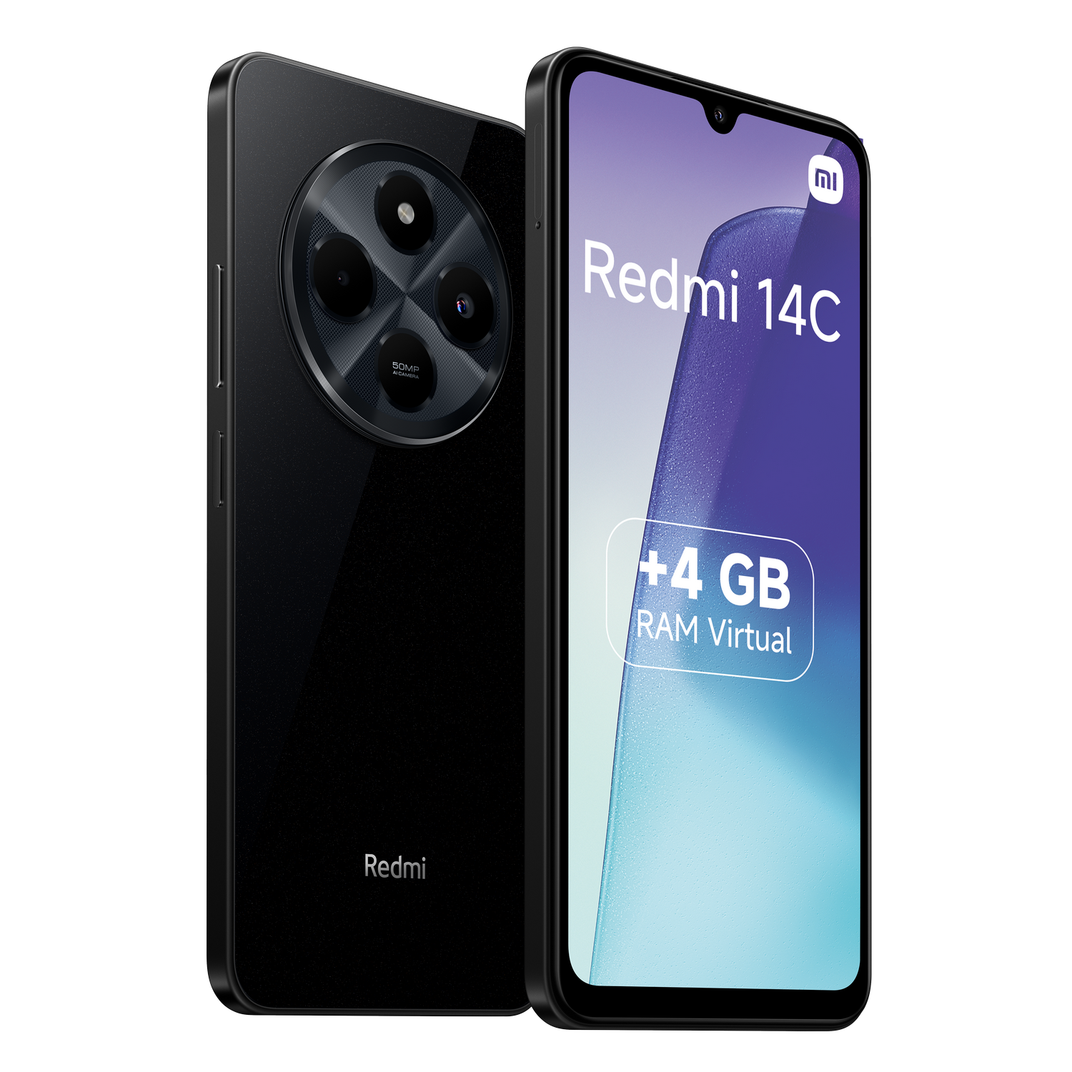 Teléfono negro Redmi 14C, trasera con cámaras, frontal mostrando pantalla. +4GB RAM Virtual. Logo Redmi.