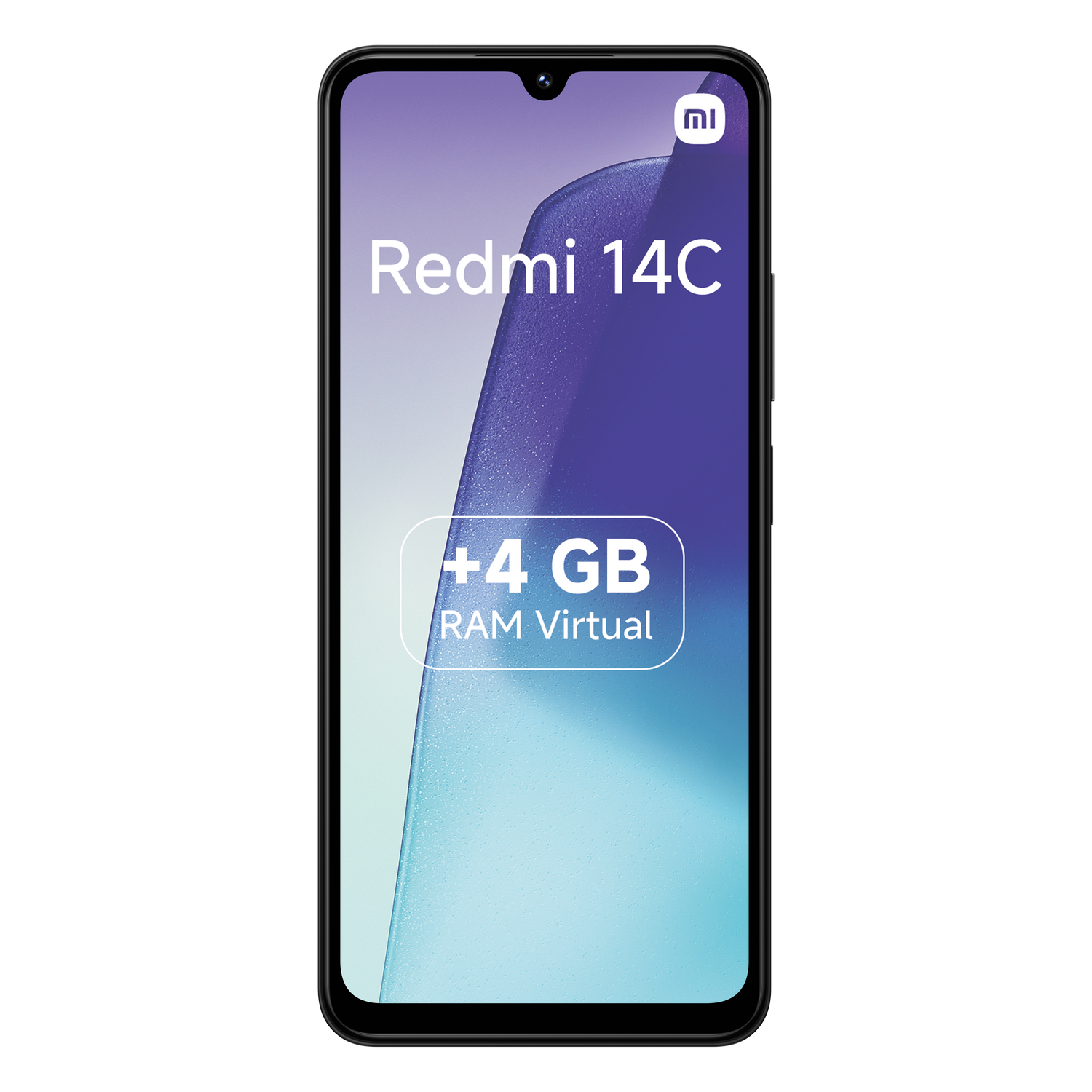 Vista frontal del teléfono Redmi 14C. Pantalla muestra texto Redmi 14C y +4 GB RAM Virtual.