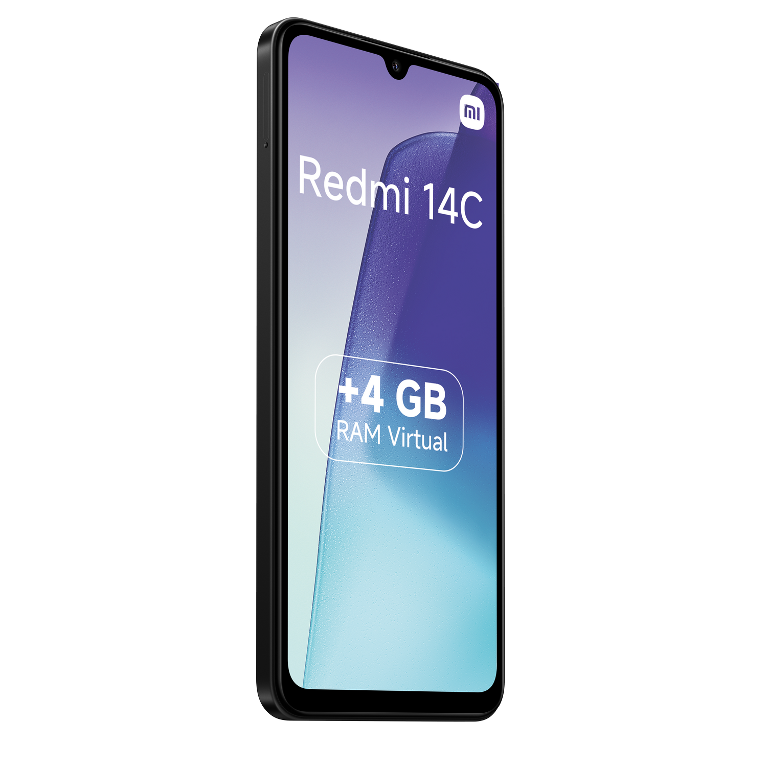 Teléfono negro Redmi 14C, vista lateral. Pantalla muestra texto Redmi 14C y +4 GB RAM Virtual.