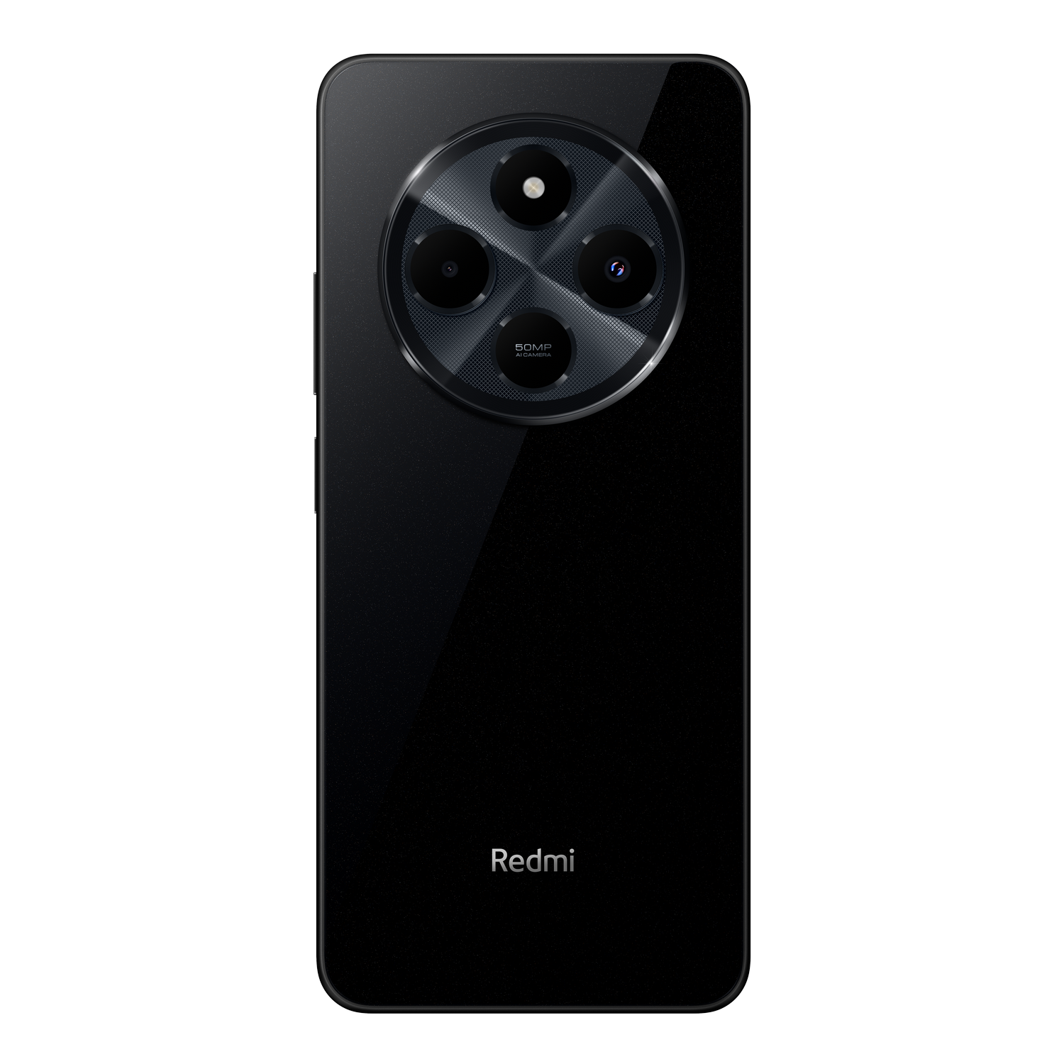 Parte trasera del teléfono negro Redmi 14C, módulo de cámara con lentes, logo Redmi debajo.