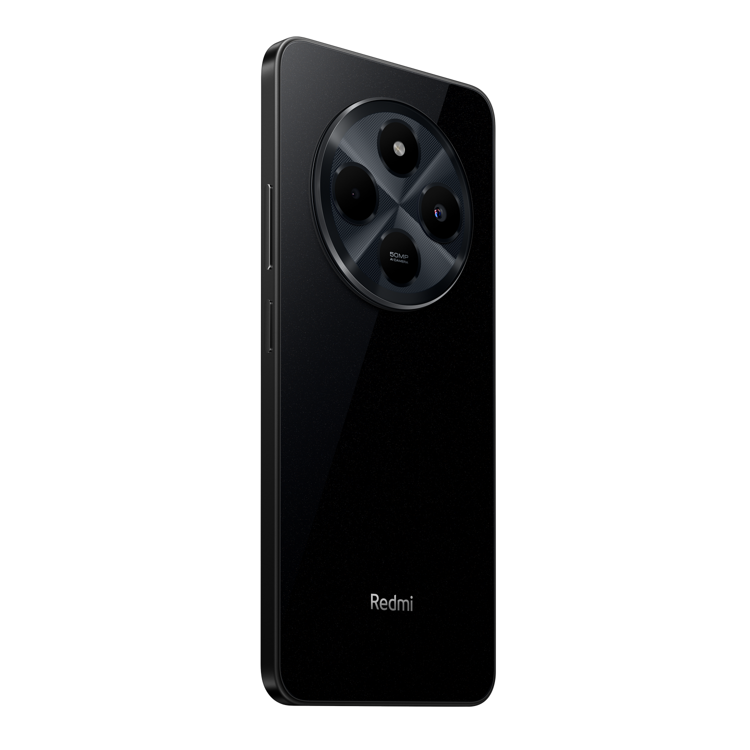 Teléfono negro Redmi 14C, vista trasera en ángulo, módulo de cámara, logo Redmi, parte trasera negra.