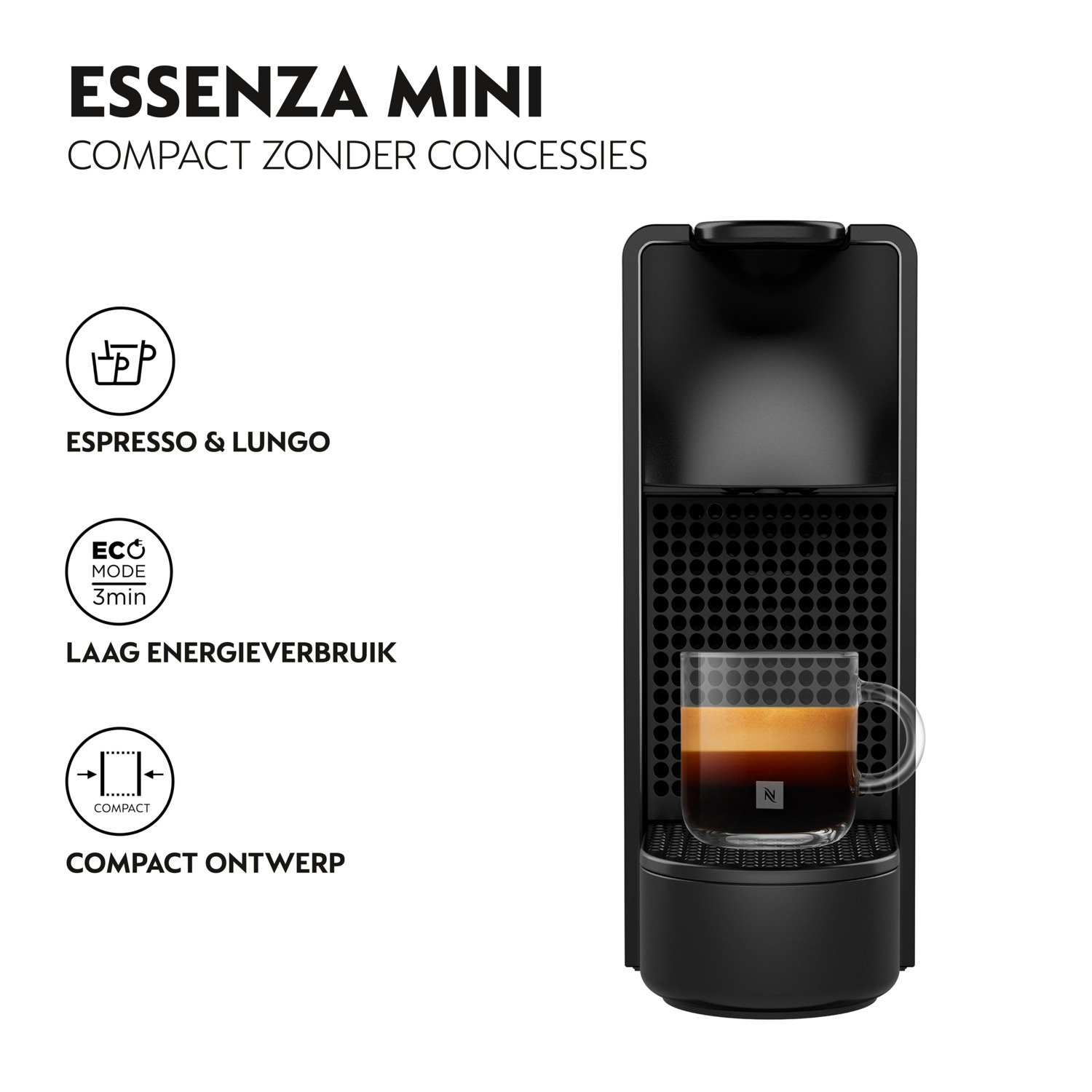 Black Nespresso Essenza Mini with text 'Compact zonder concessies' and icons for features.