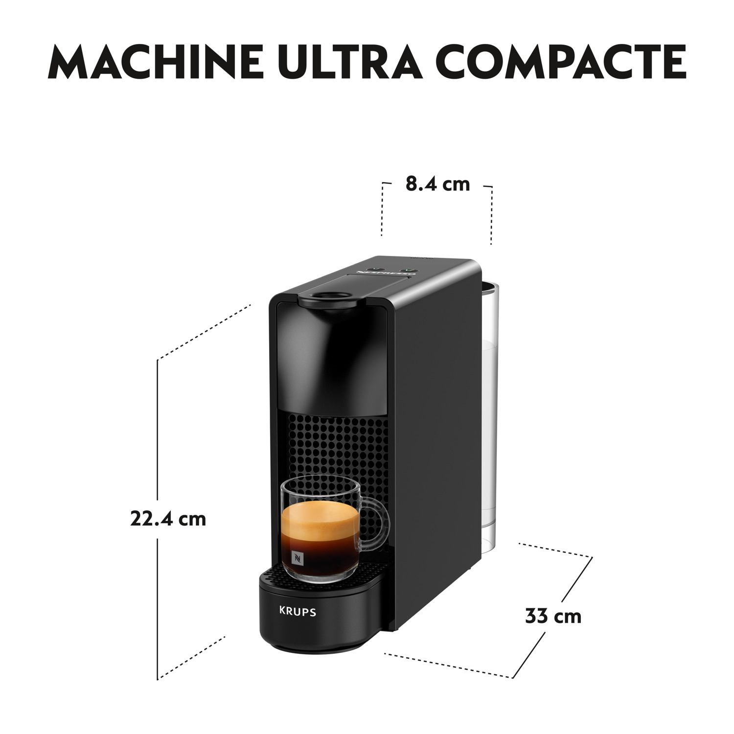 Machine Krups Nespresso noire avec dimensions : 22,4 cm haut, 8,4 cm large, et 33 cm long.