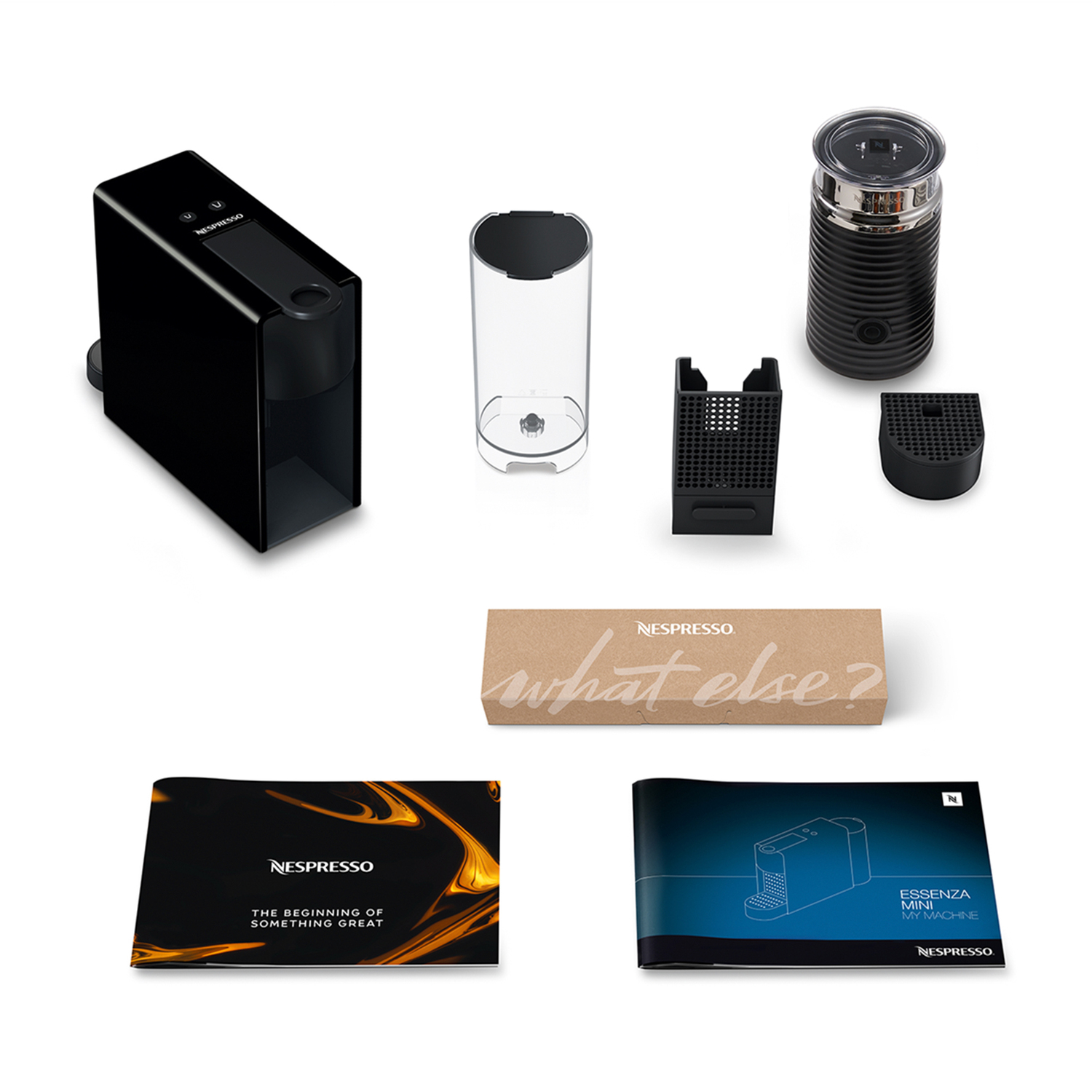 Black Nespresso machine components: machine, water tank, frother, capsules, and manuals.
