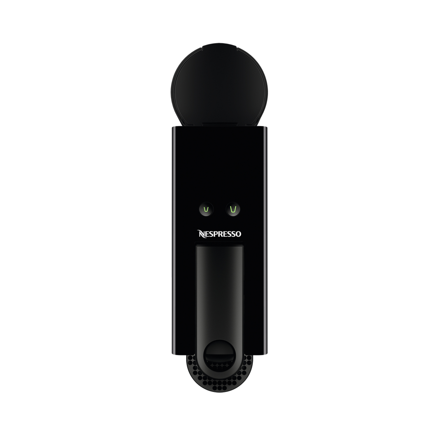 Top view of the black Nespresso machine. Power button, and two green lights are visible.