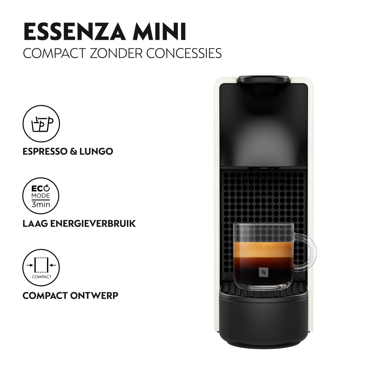White and black coffee machine with text and icons. A cup of coffee is in the machine.
