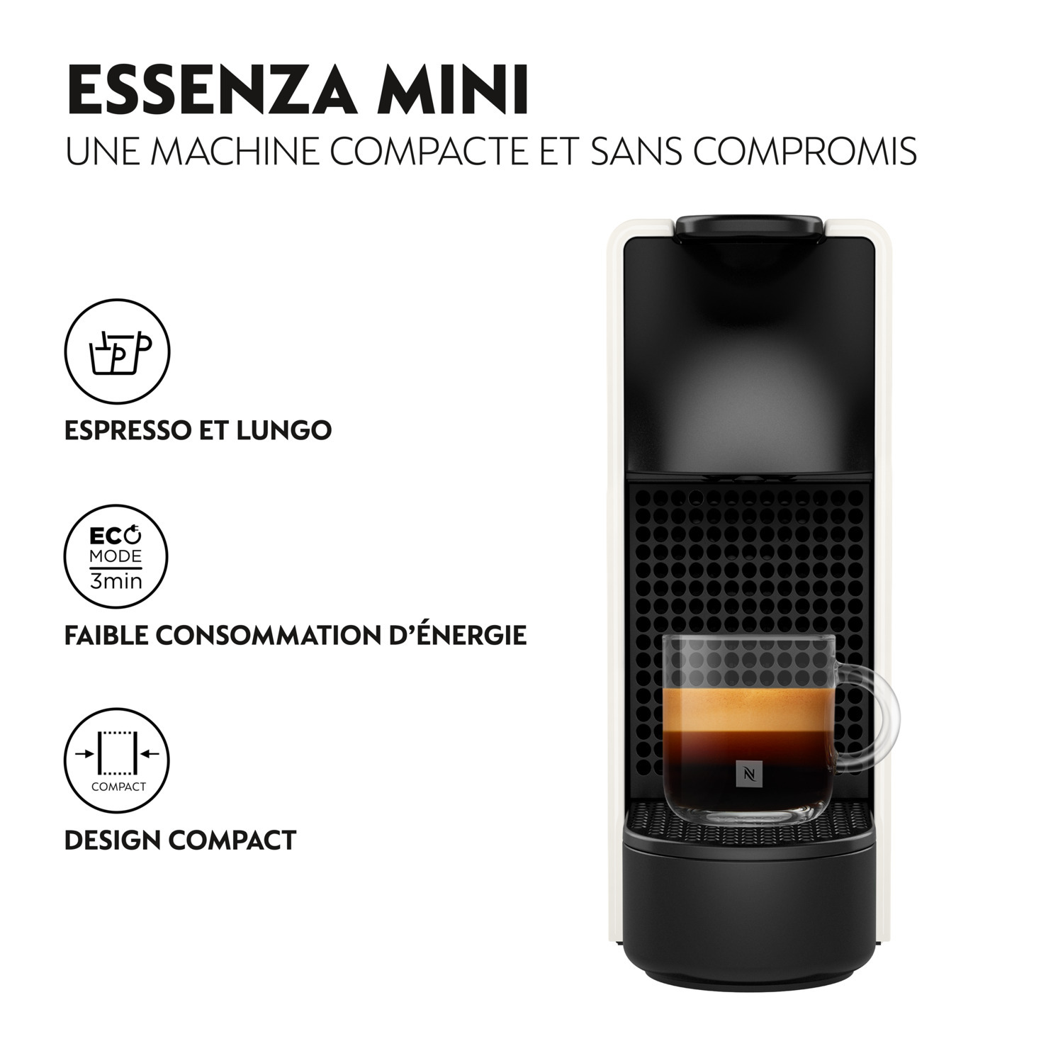Machine à café blanche et noire avec texte et icônes. Une tasse de café est dans la machine.