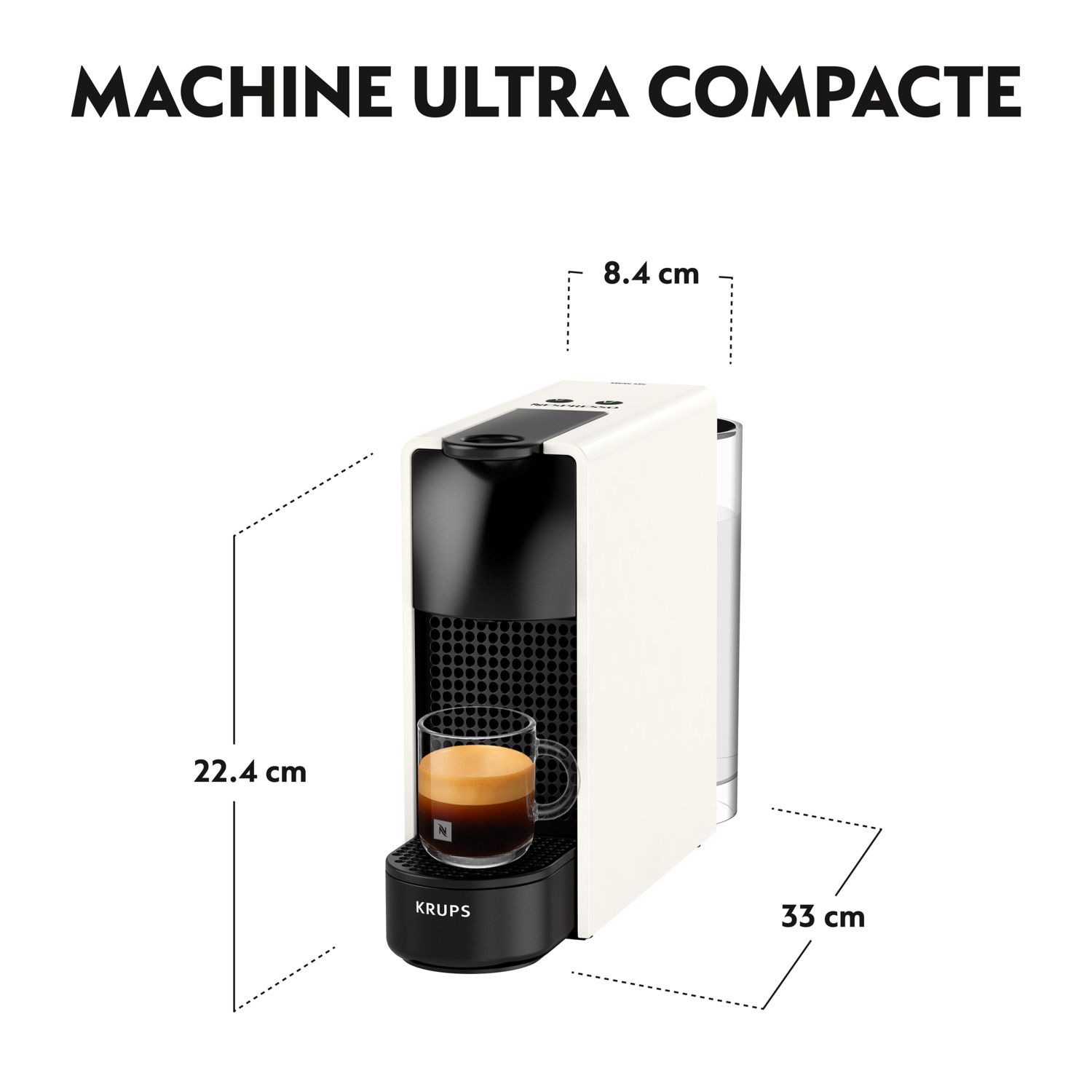 Machine à café blanche et noire. Dimensions : 22,4 cm de haut, 8,4 cm de large, 33 cm de long.