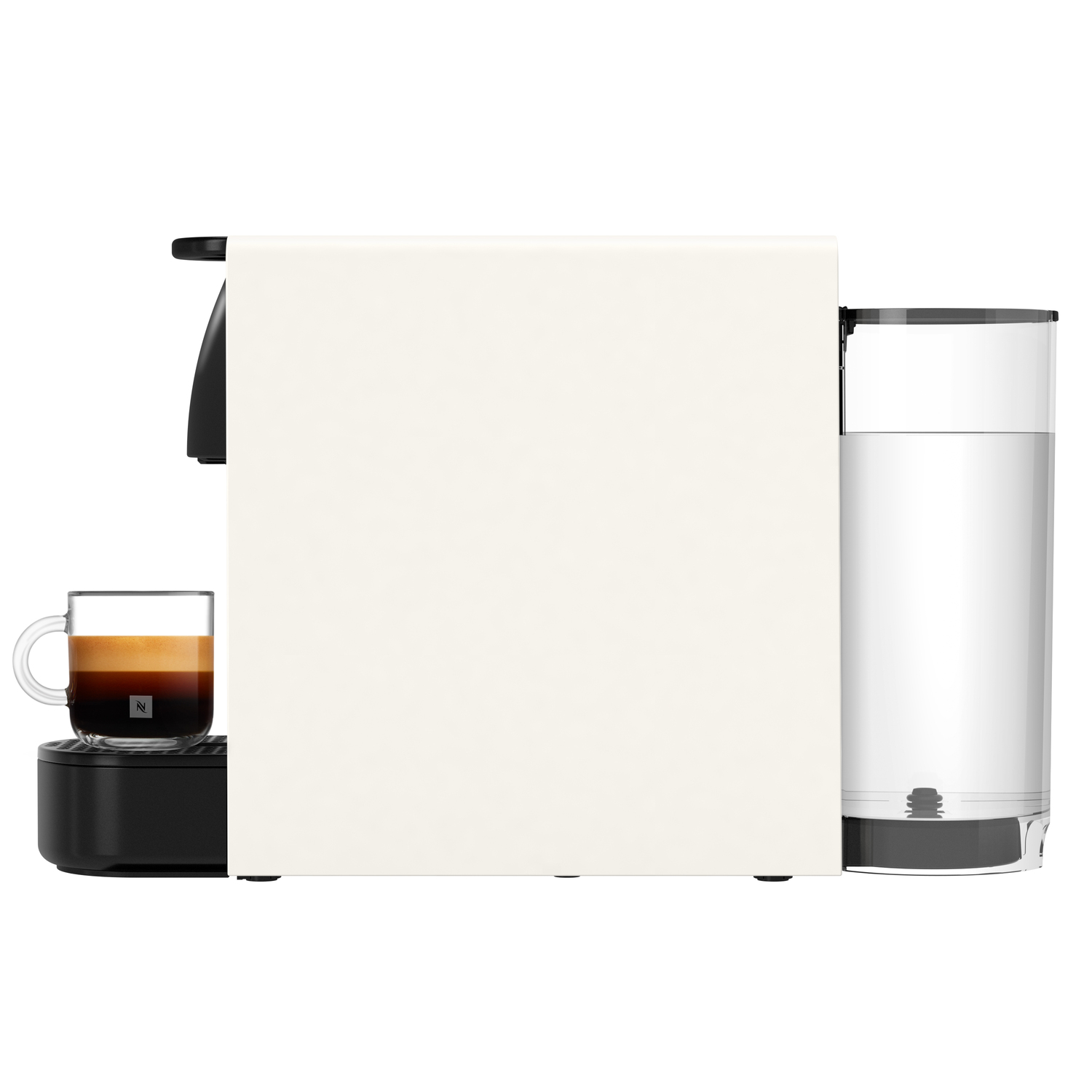 Cream-colored coffee machine with a cup of coffee.