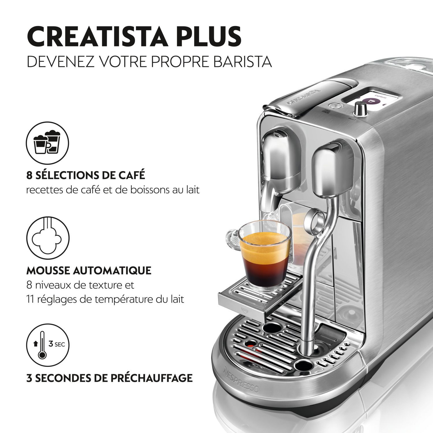 Machine à café argentée avec icônes et texte : 8 options de café et 3 secondes de préchauffage.