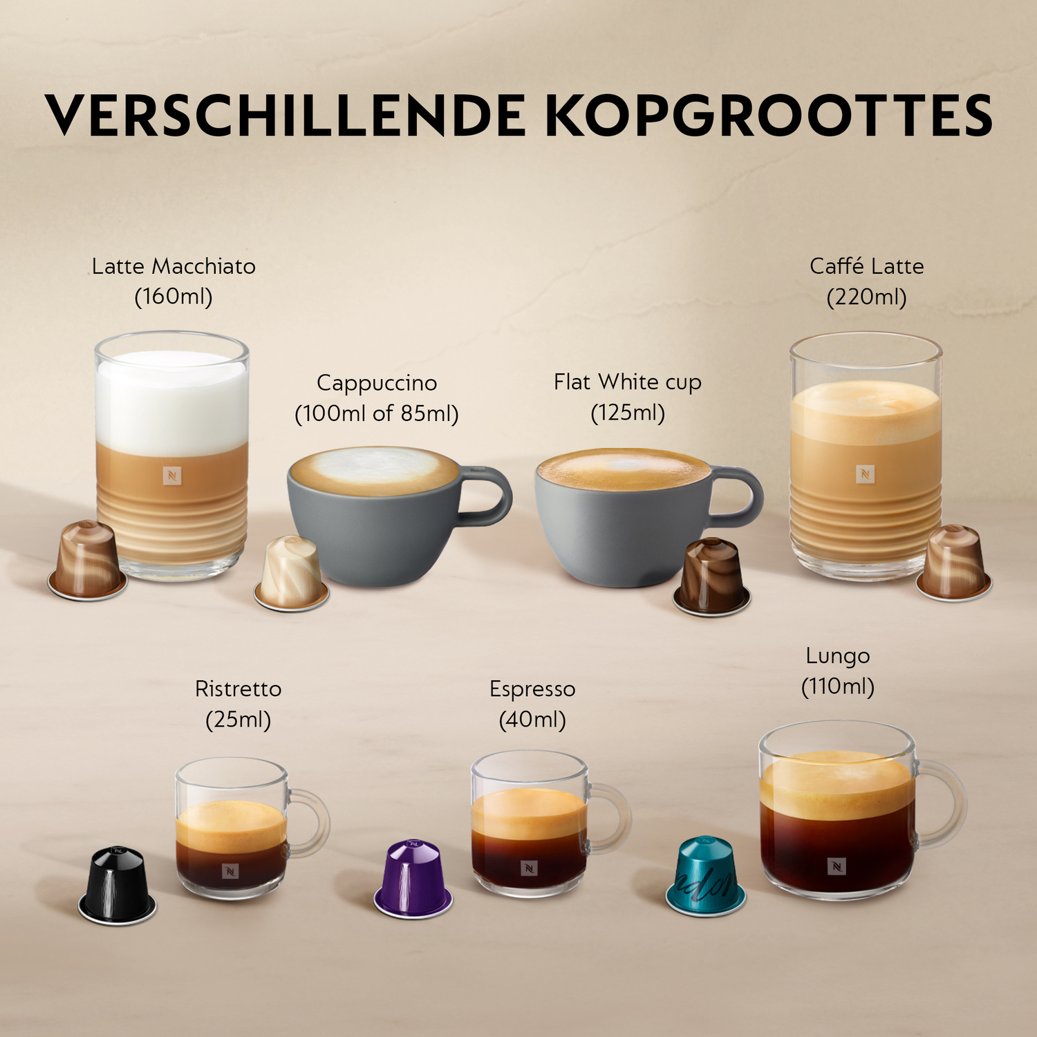 Different types of coffee cups with coffee and capsules.