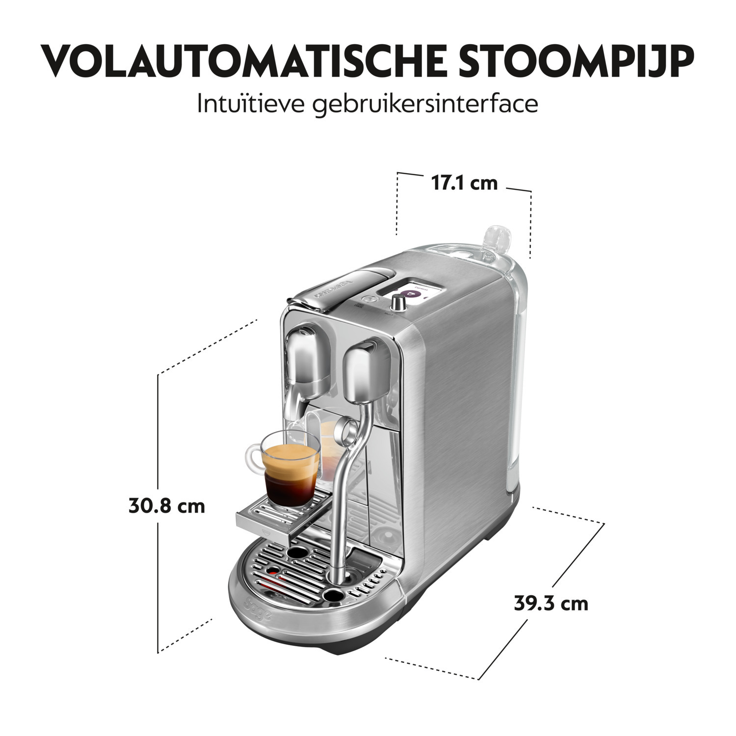 Silver coffee machine with measurements, including dimensions.