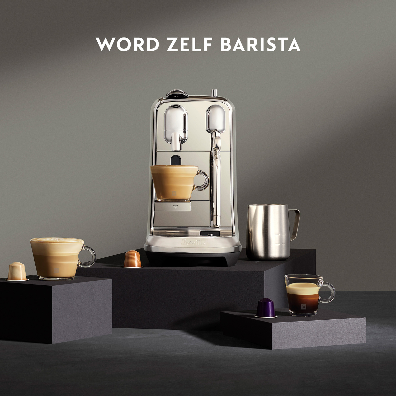 Espresso machine with coffee, milk frother, and coffee capsules on gray blocks.