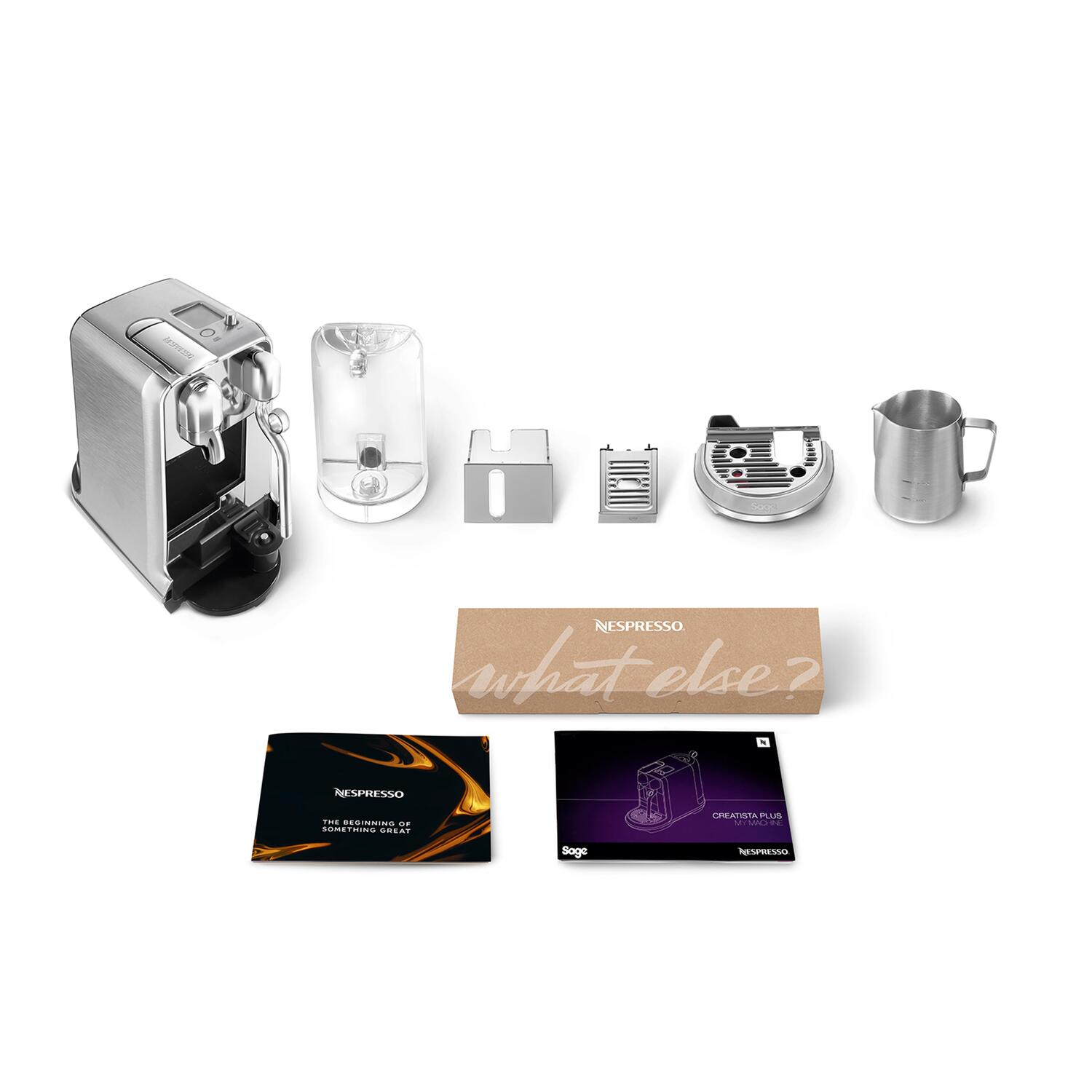 Coffee machine, detached parts, and accessories on a white background. Box and manuals.