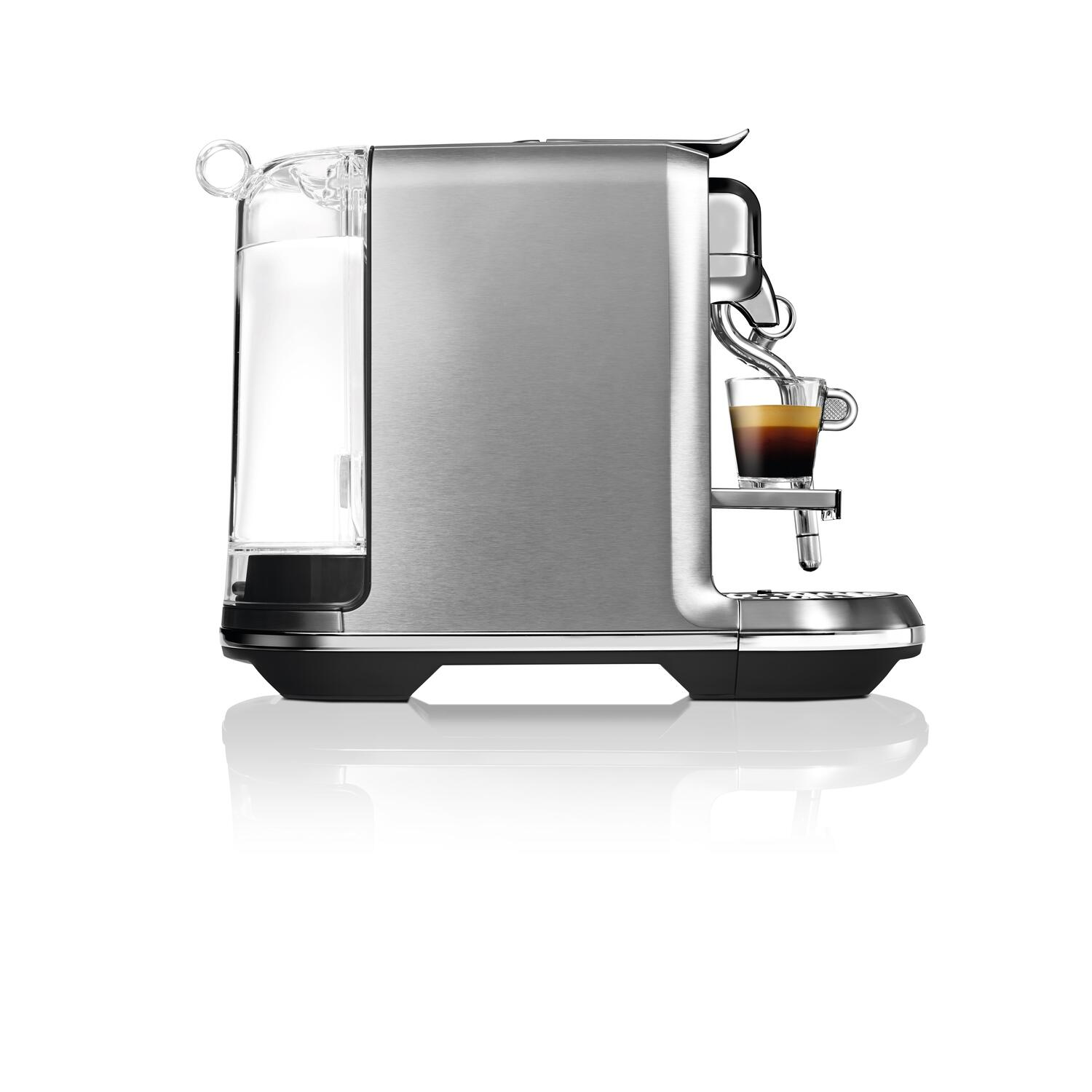 Espresso machine with cup filling. Clear water container on the left.