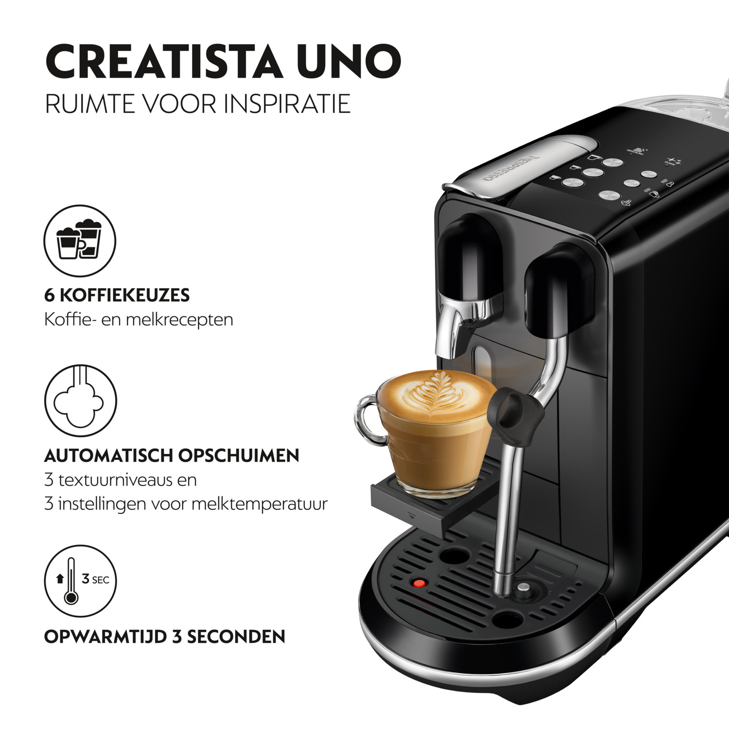Black espresso machine with latte. Text and icons about features. 