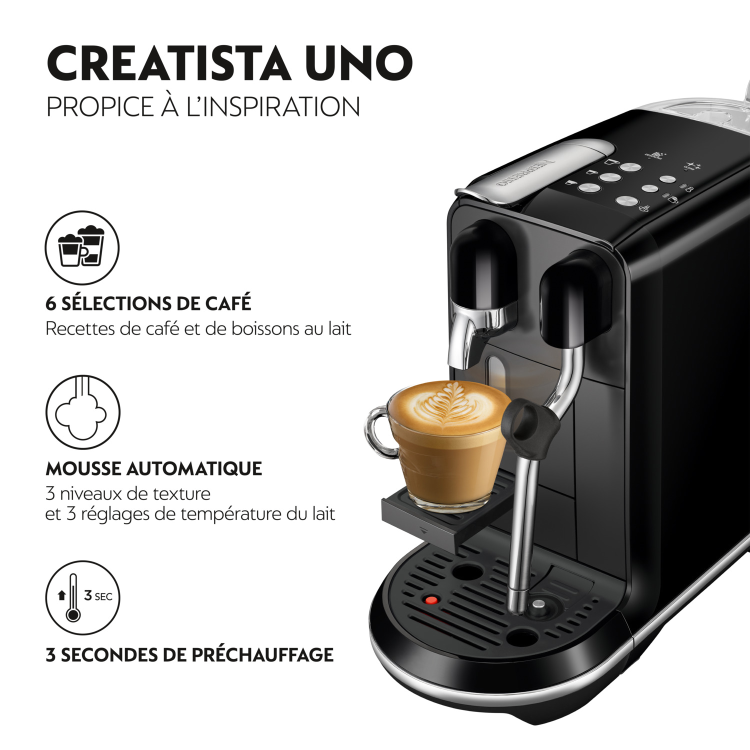 Machine à expresso noire avec latte. Texte et icônes sur les fonctionnalités.