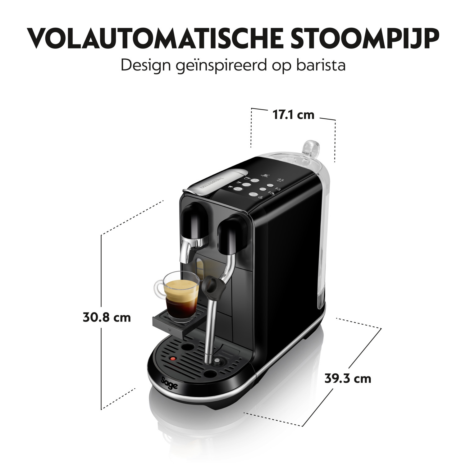 Black espresso machine with a cup of coffee. Dimensions are displayed. White background.