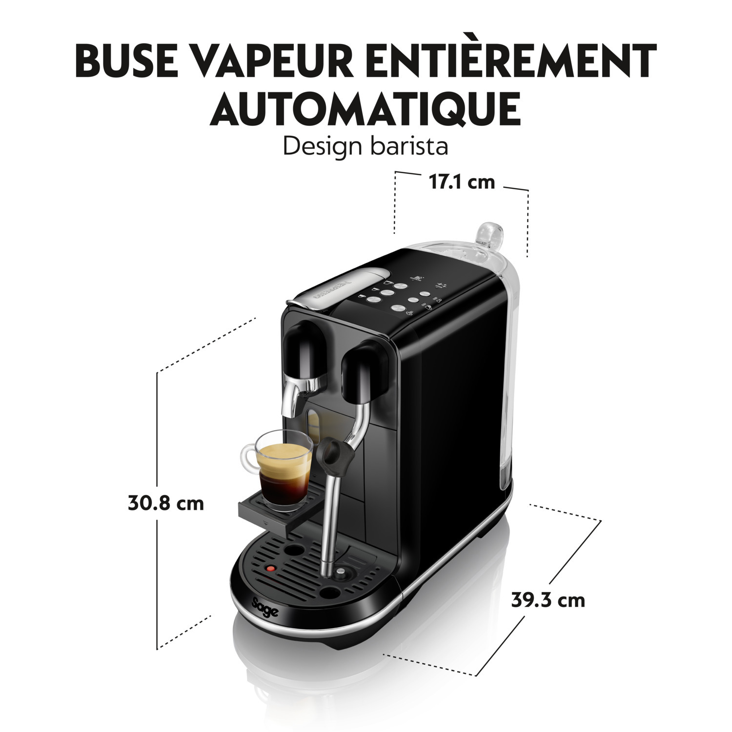Machine à expresso noire avec une tasse de café. Dimensions affichées. Fond blanc.