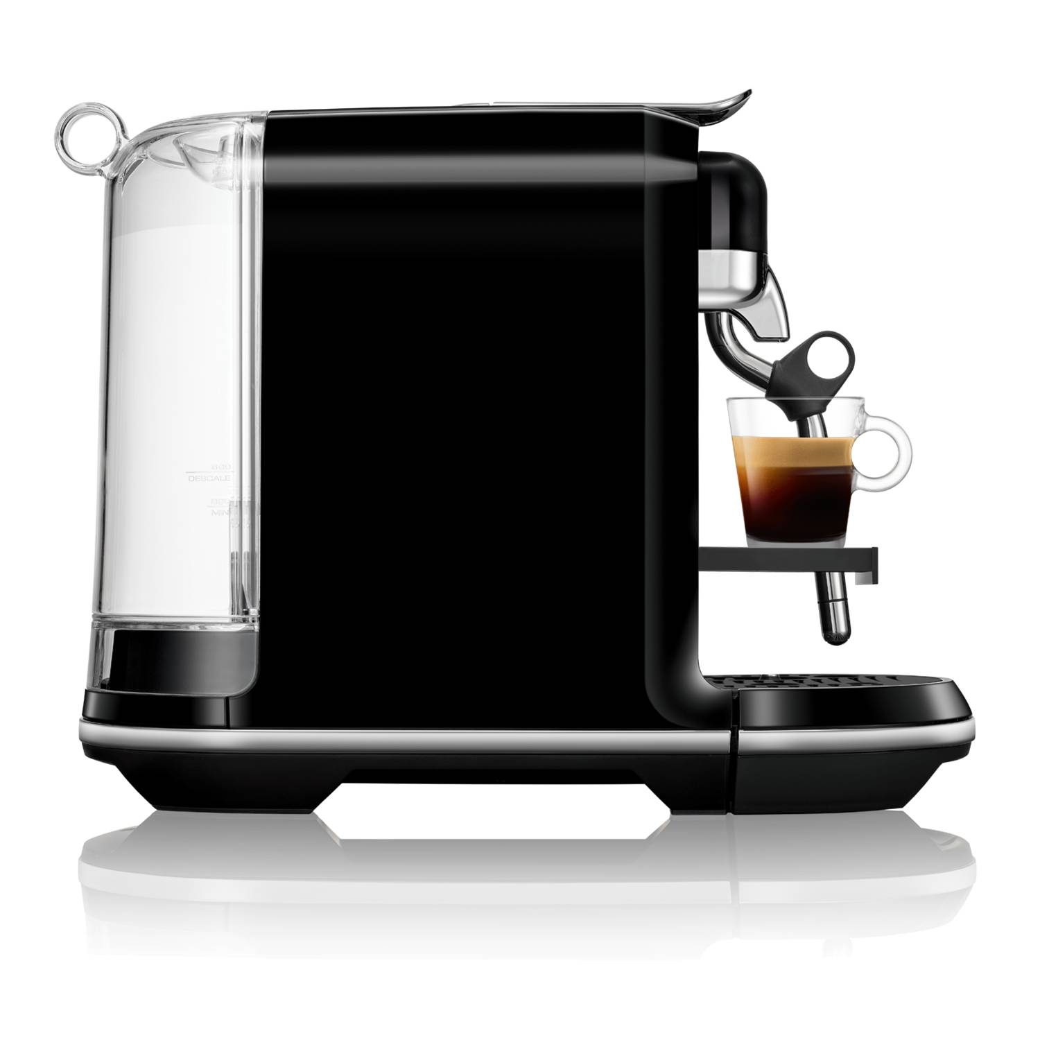Black espresso machine with a cup of coffee. White background.