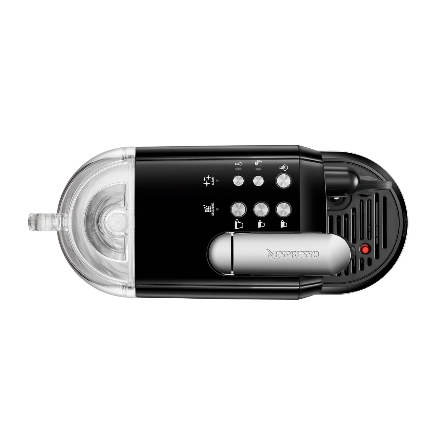 Top view of a black espresso machine. White background.
