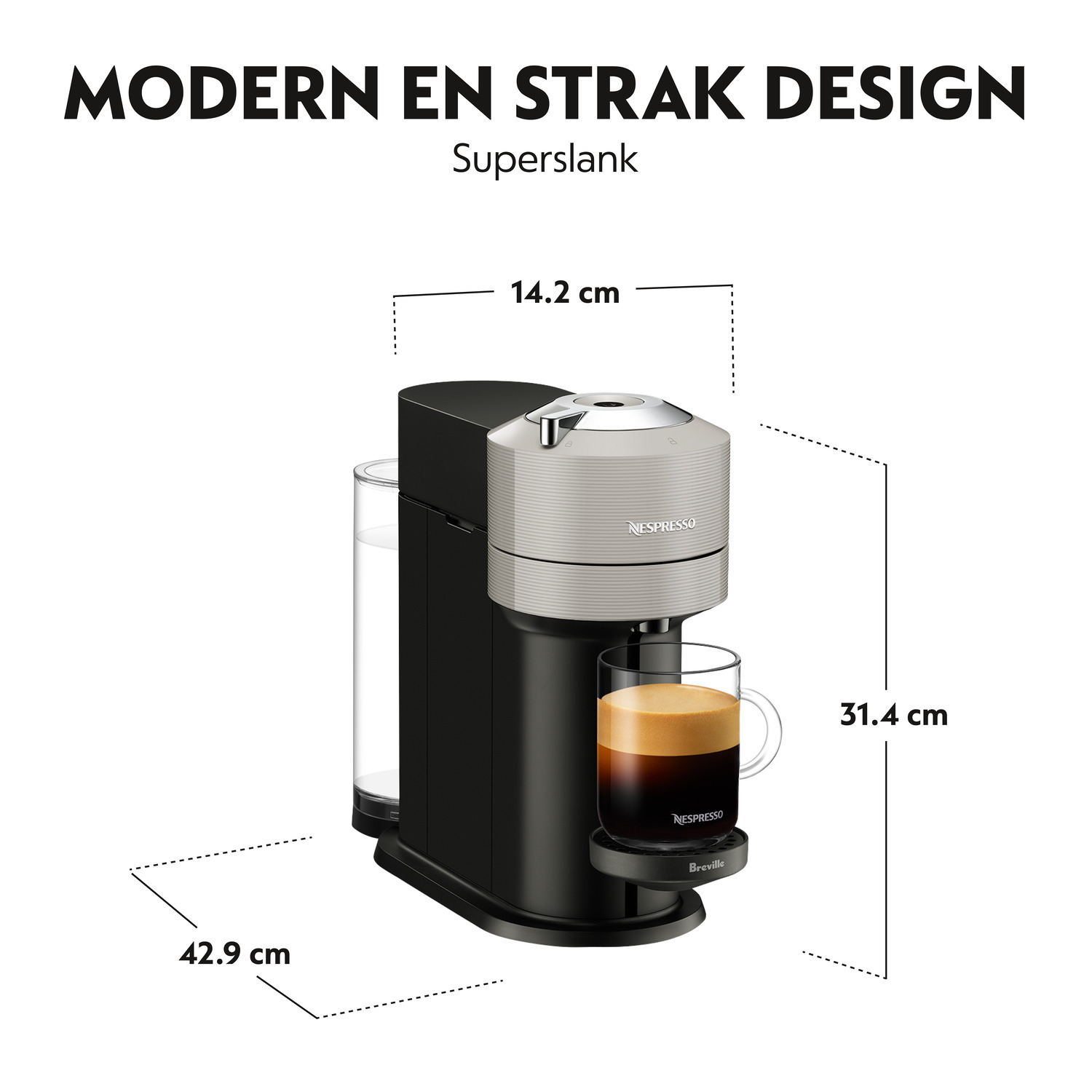 Coffee machine with a cup of coffee. Dimensions are displayed. White background.