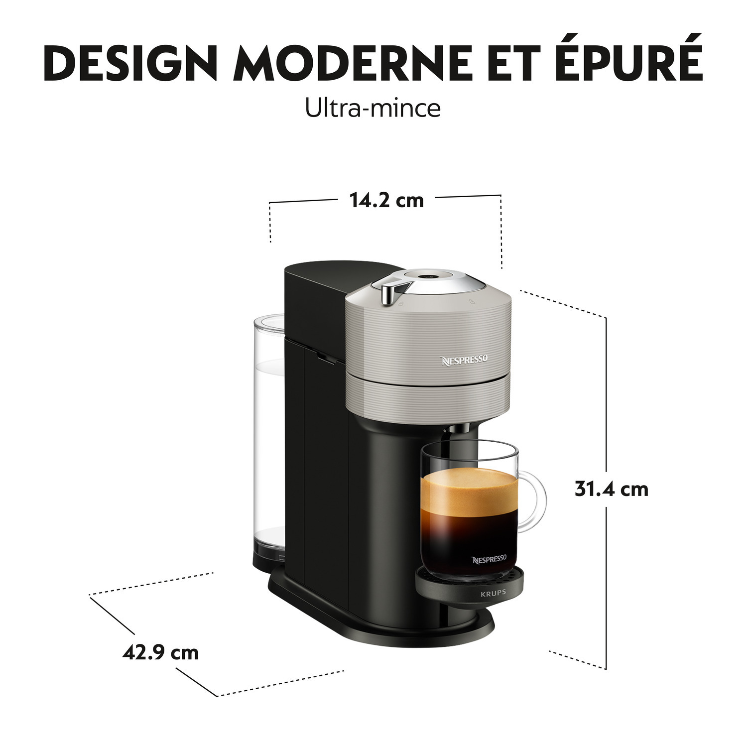 Machine Nespresso noire et argent avec une tasse de café. Dimensions et texte affichés.
