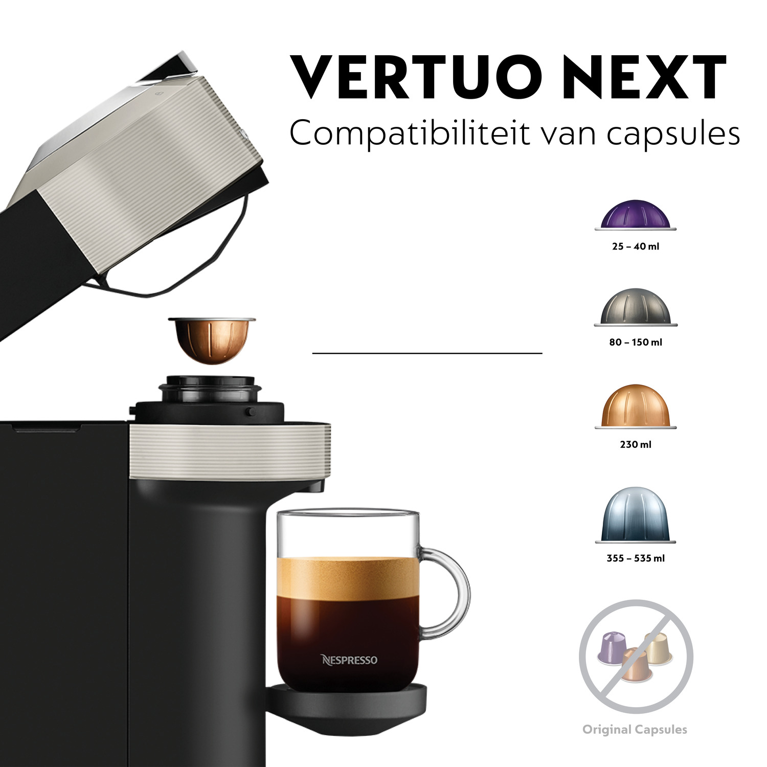 Nespresso Vertuo Next machine with a capsule and coffee cup, next to capsule sizes.