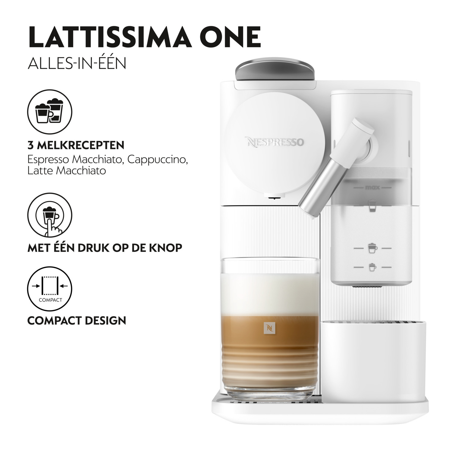 Witte Nespresso Lattissima One machine. Koffie en melk in een glas. Compact design.