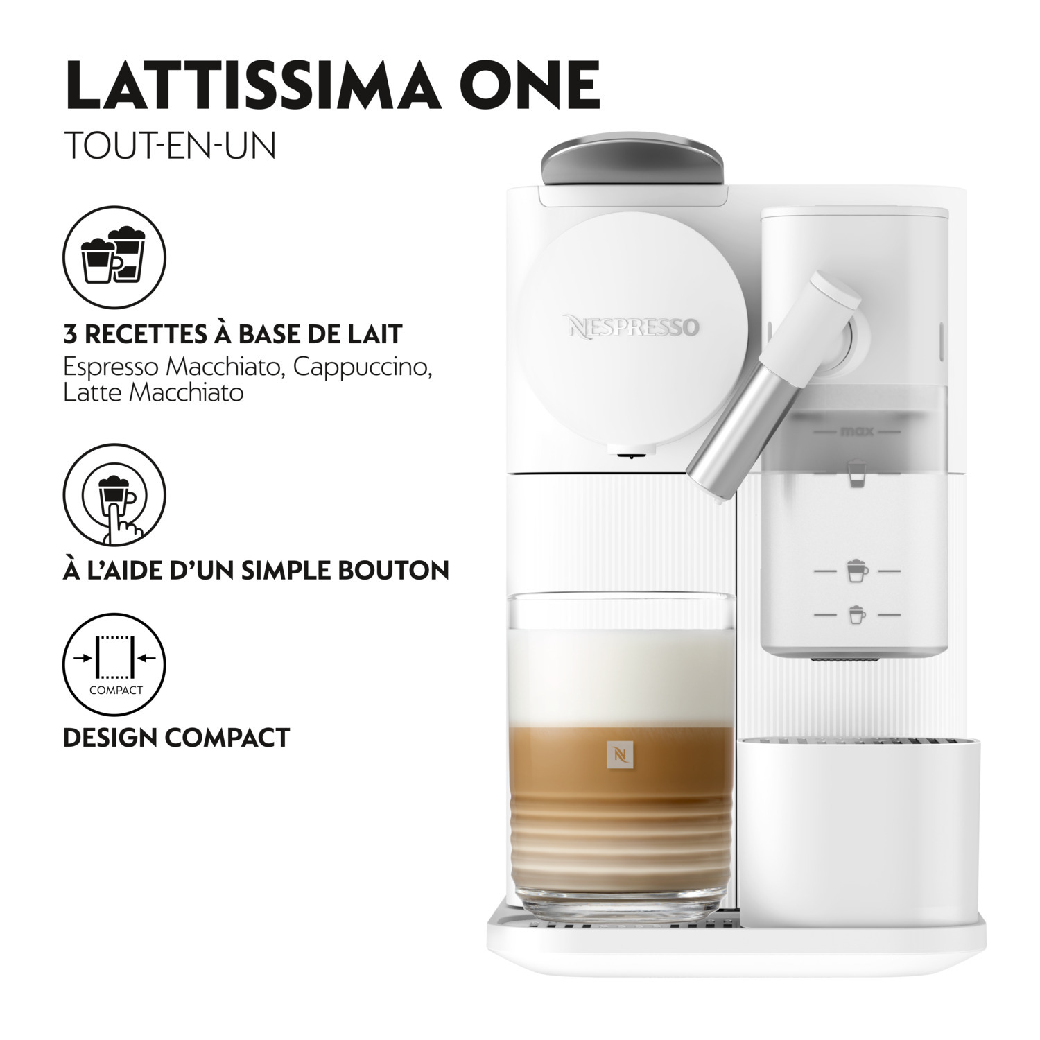 Machine Nespresso Lattissima One blanche. Café et lait dans un verre. Design compact.
