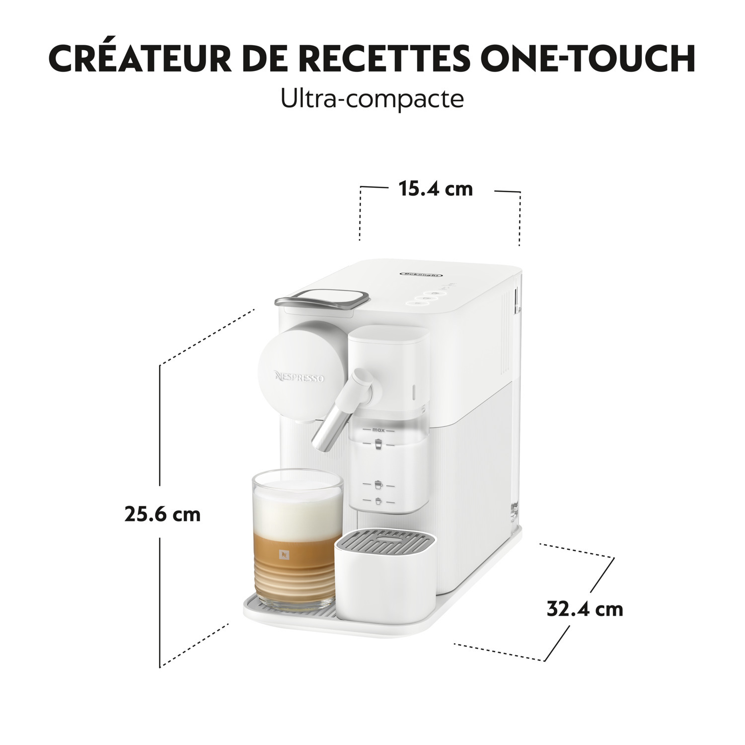 Une machine à café blanche avec des dimensions de 15,4 x 25,6 x 32,4 cm, à côté d'un verre de café.