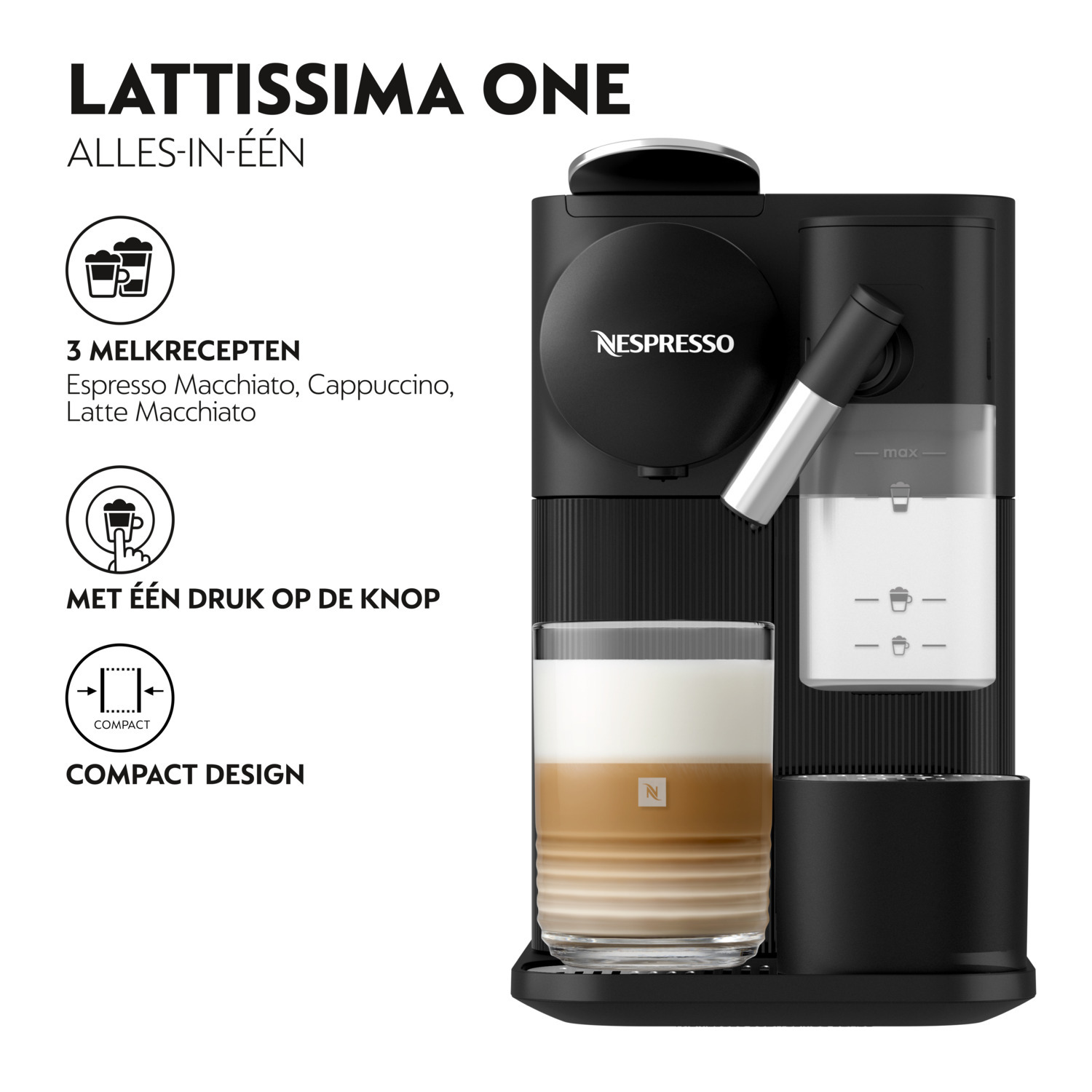 Een zwarte koffiemachine met een glas latte, en iconen die drie melkrecepten en een compact ontwerp aangeven.