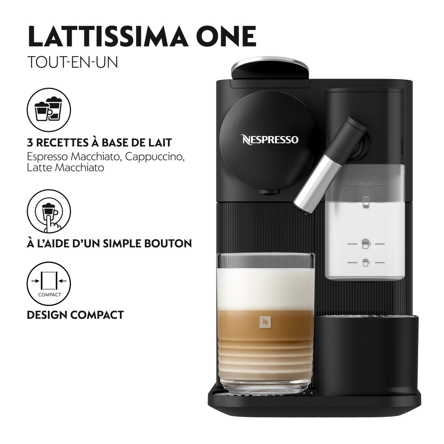Une machine à café noire avec un verre de latte, et des icônes indiquant trois recettes de lait et un design compact.