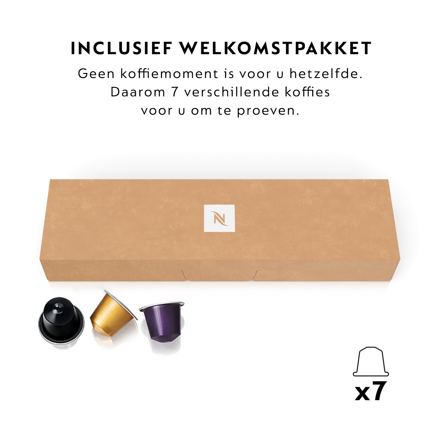 Een bruine rechthoekige doos met een wit logo en 3 koffiecapsules naast een set van 7.