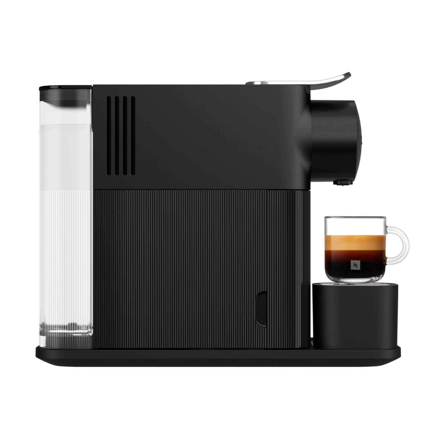 Een zwarte koffiemachine met een watertank en een espressokopje. Het heeft een zwarte basis.