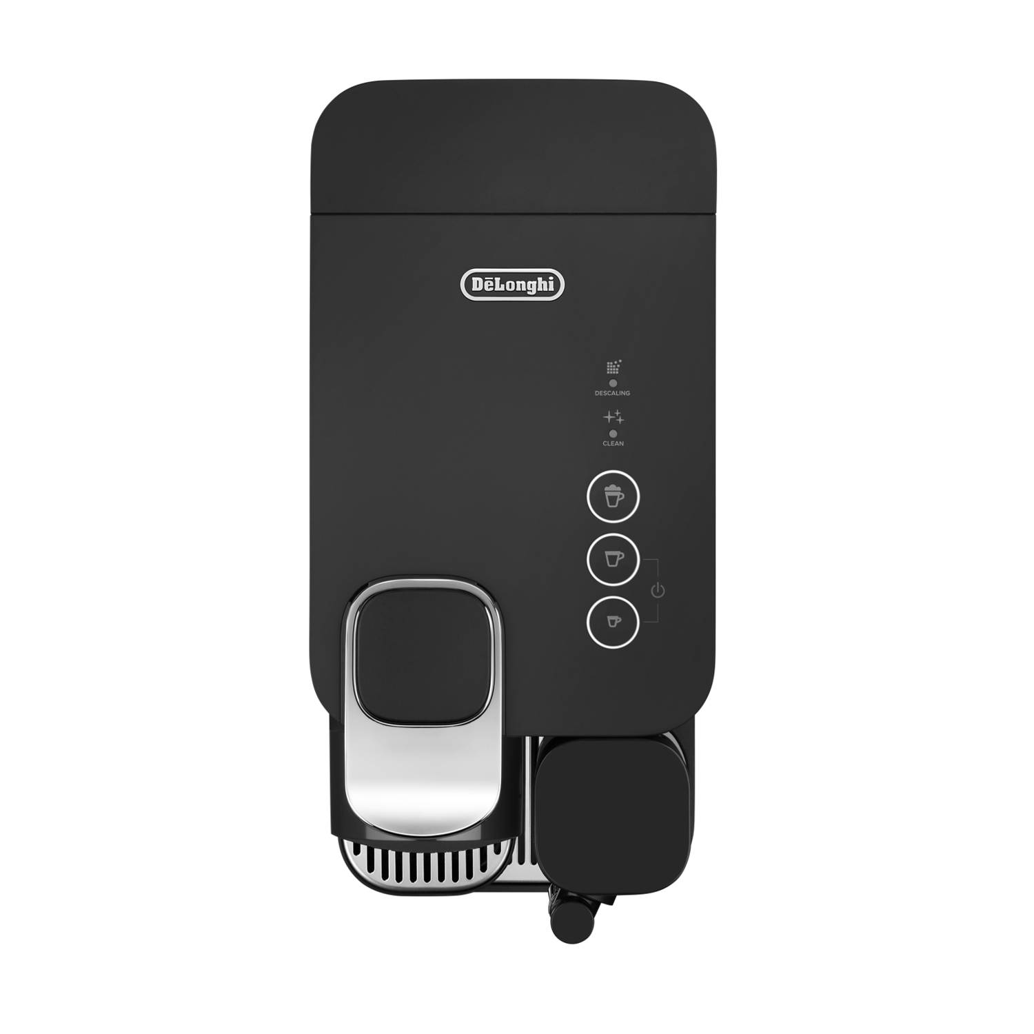 Een zwarte koffiemachine. Het heeft knoppen voor ontkalken, reinigen en koffie-opties.
