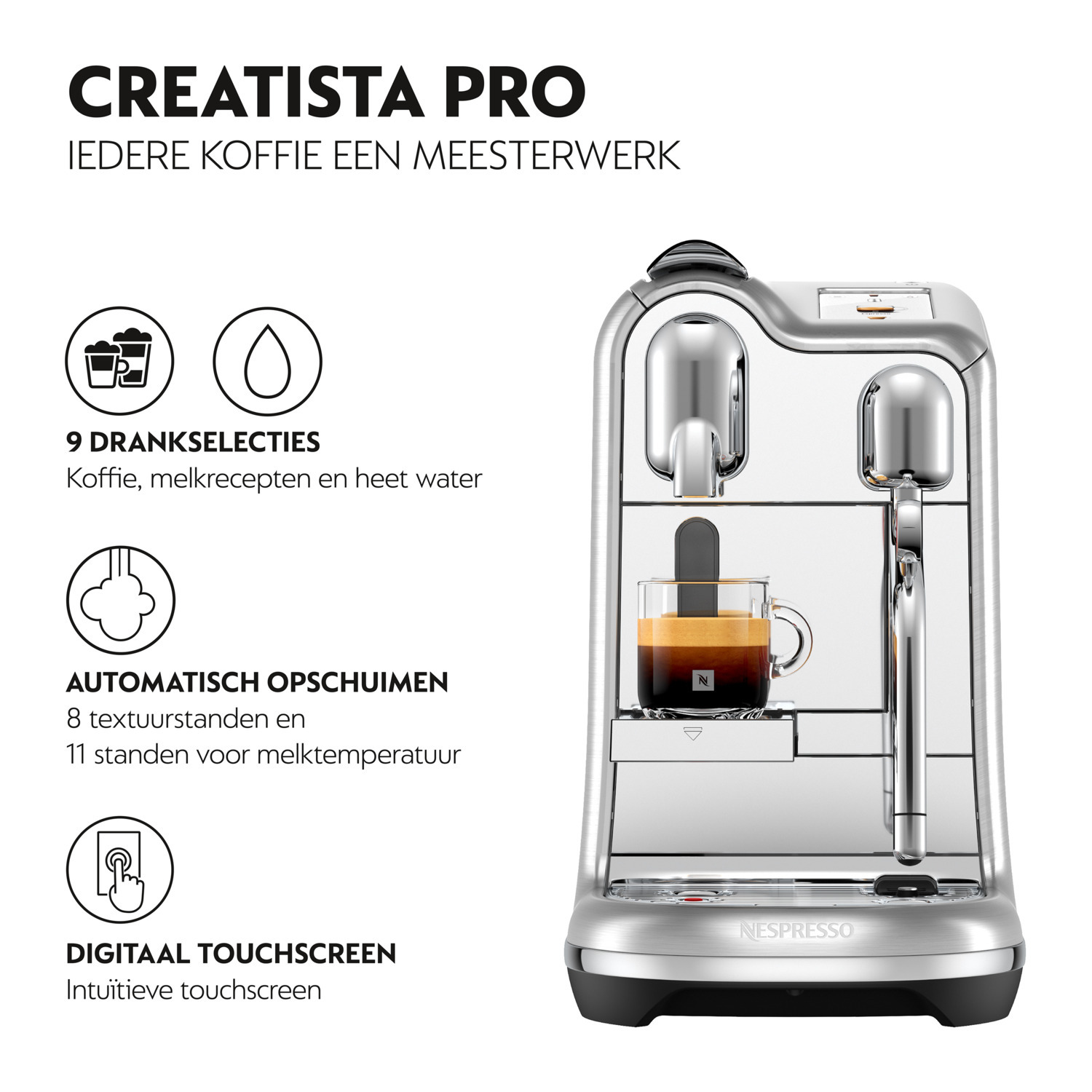 Een zilveren koffiemachine met tekst die het promoot en koffie-selecties weergeeft.