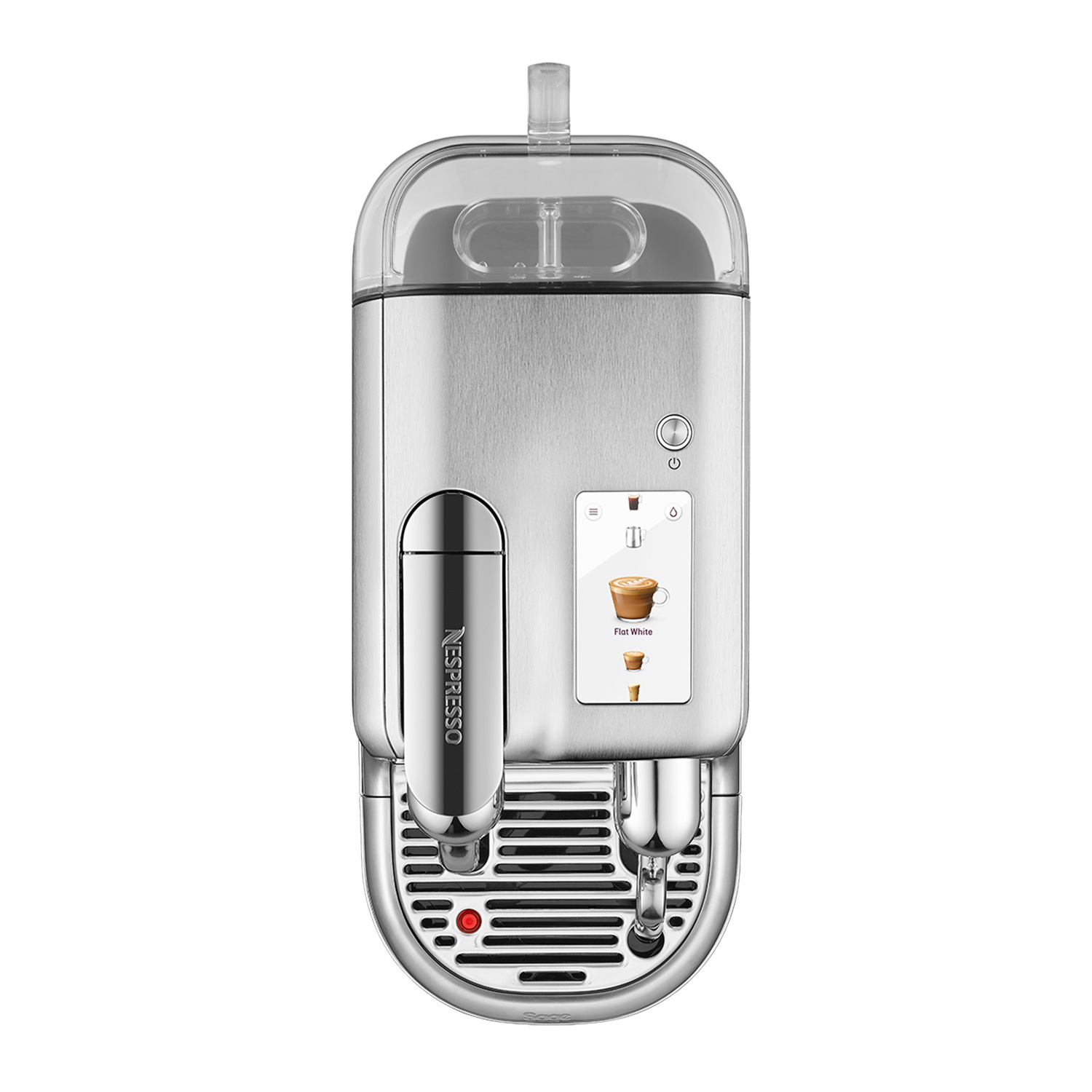 Zilveren koffiemachine met een touchscreen en een kopje koffie.