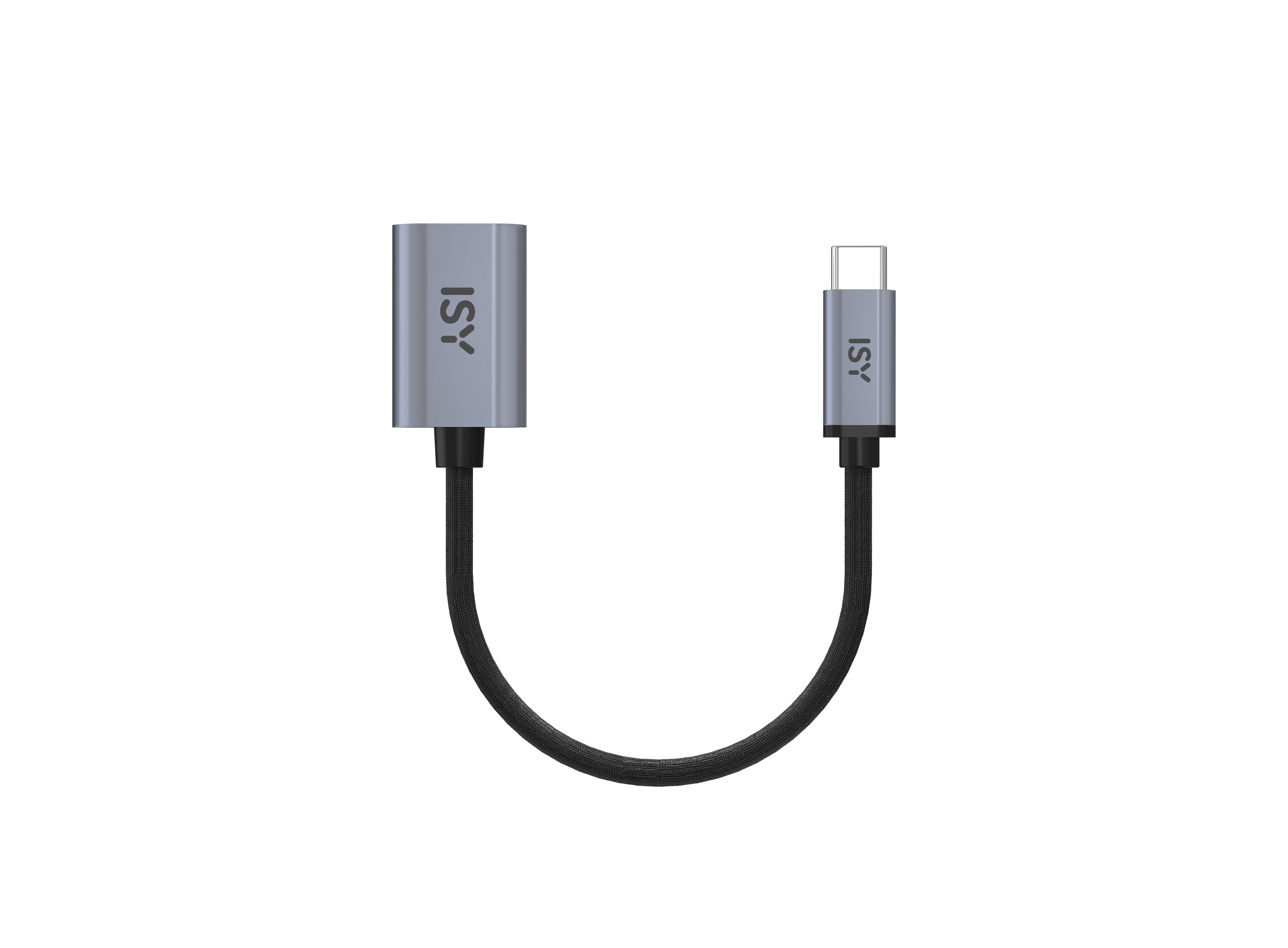 Ein silberner USB-C-zu-USB-A-Adapter mit schwarzem Kabel vor weißem Hintergrund.