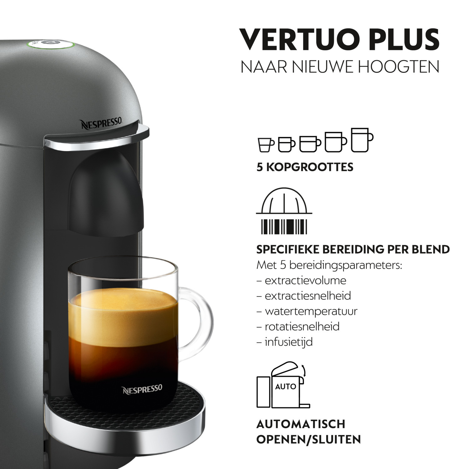 A Nespresso Vertuo Plus machine with a glass mug of coffee and text about features.
