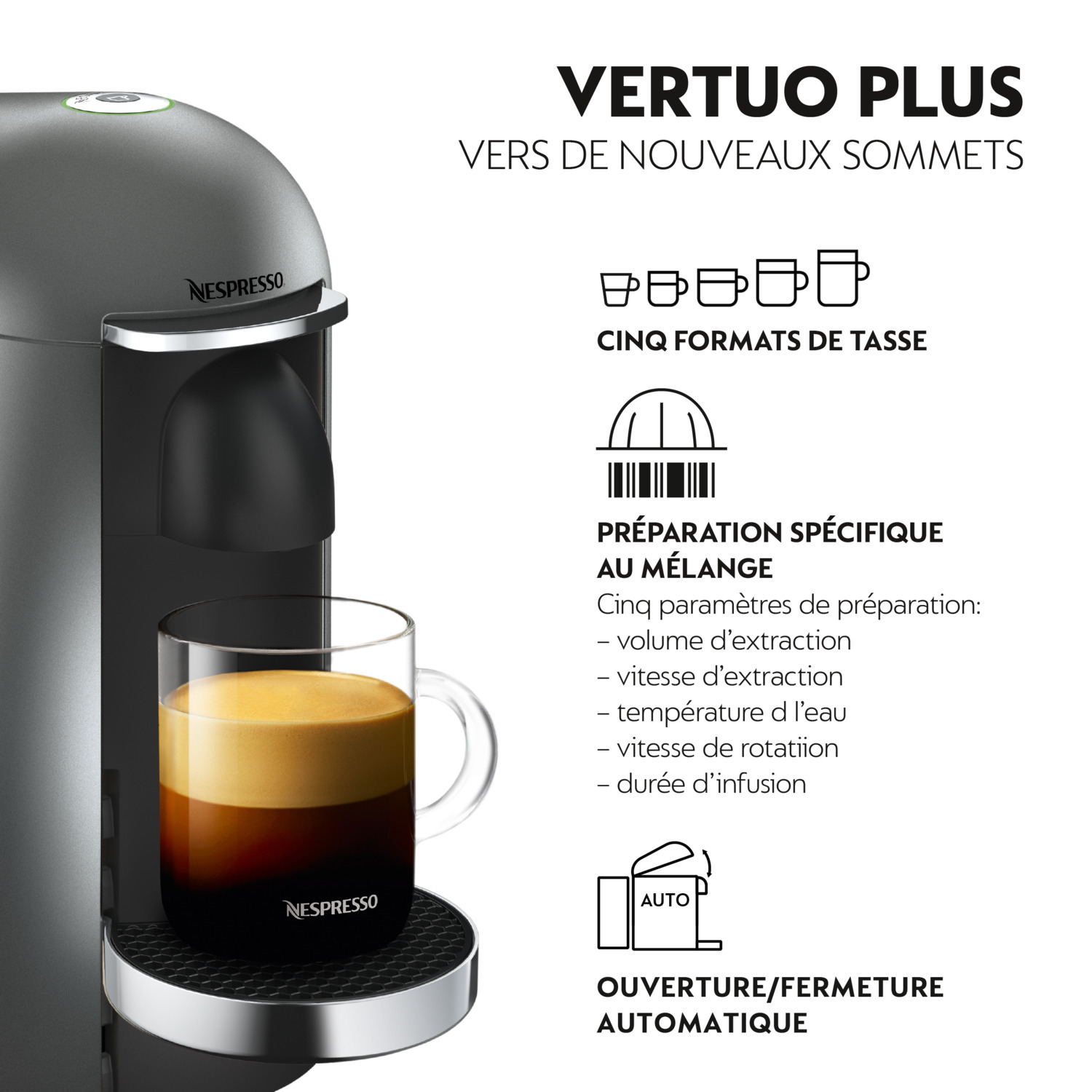 Machine Nespresso Vertuo Plus avec tasse de café et texte sur les fonctionnalités.