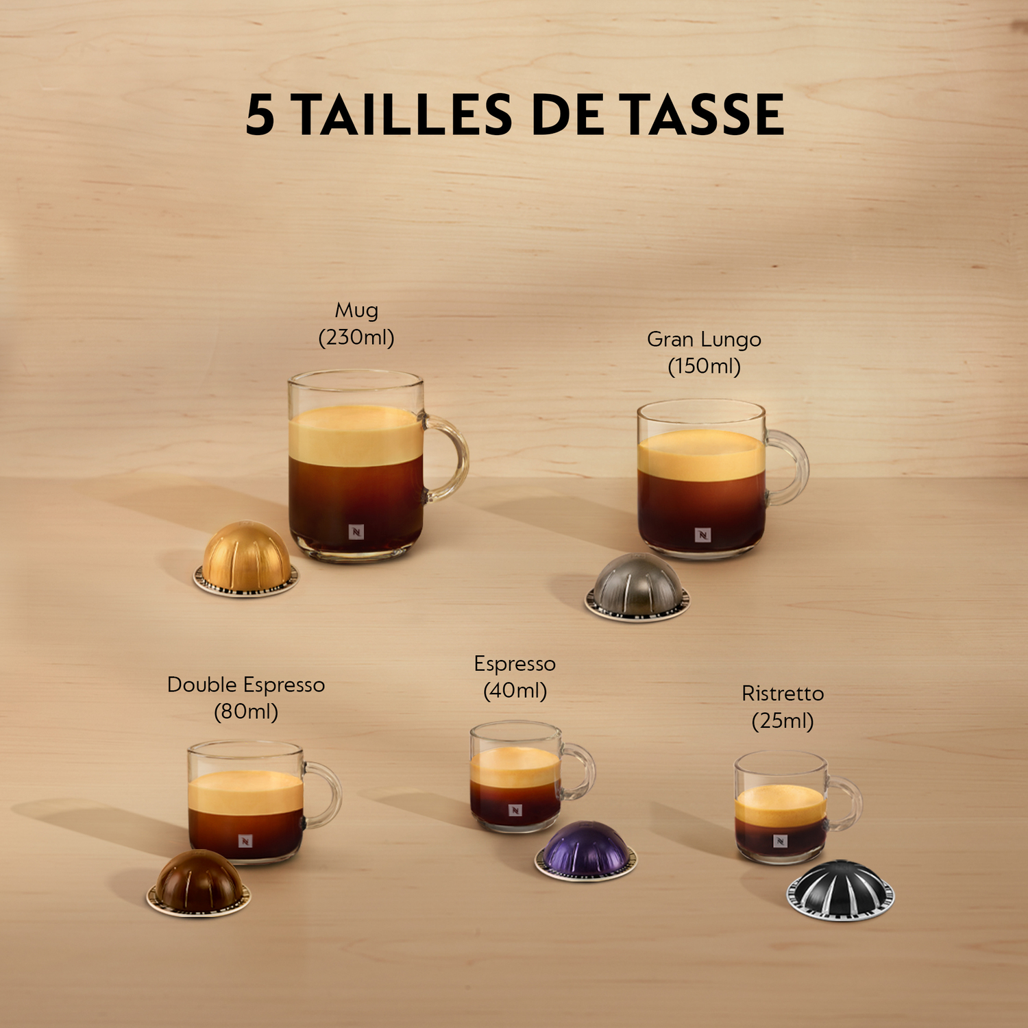 Tasses à café de différentes tailles avec capsules de café.