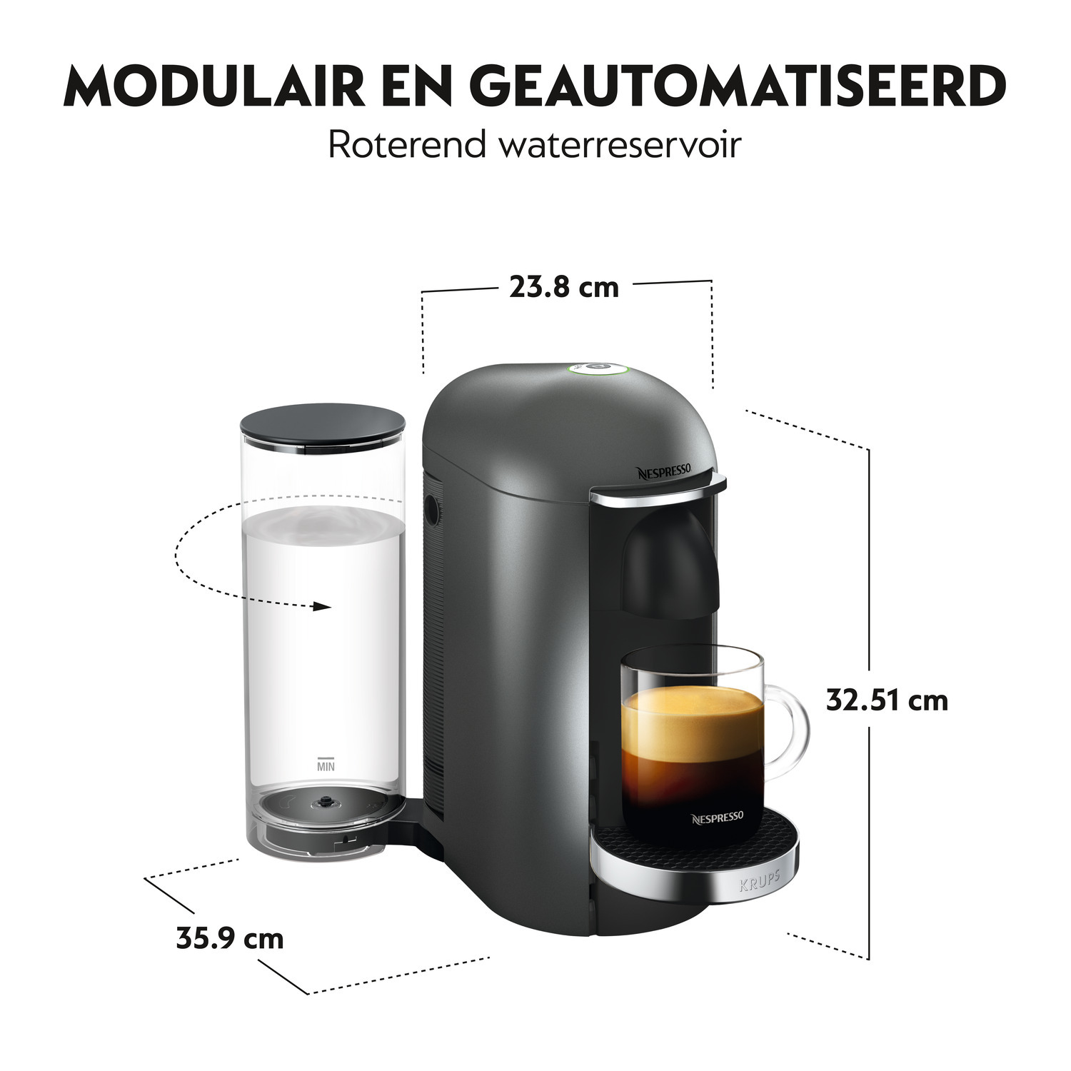Nespresso Vertuo Plus machine with rotating water reservoir, dimensions shown, and a coffee.
