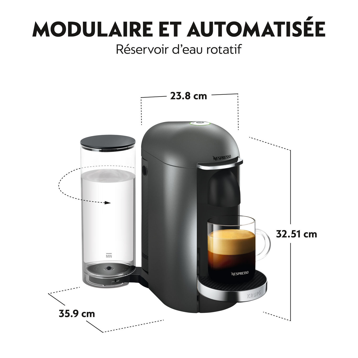 Machine Nespresso Vertuo Plus avec réservoir d'eau rotatif, dimensions et café.