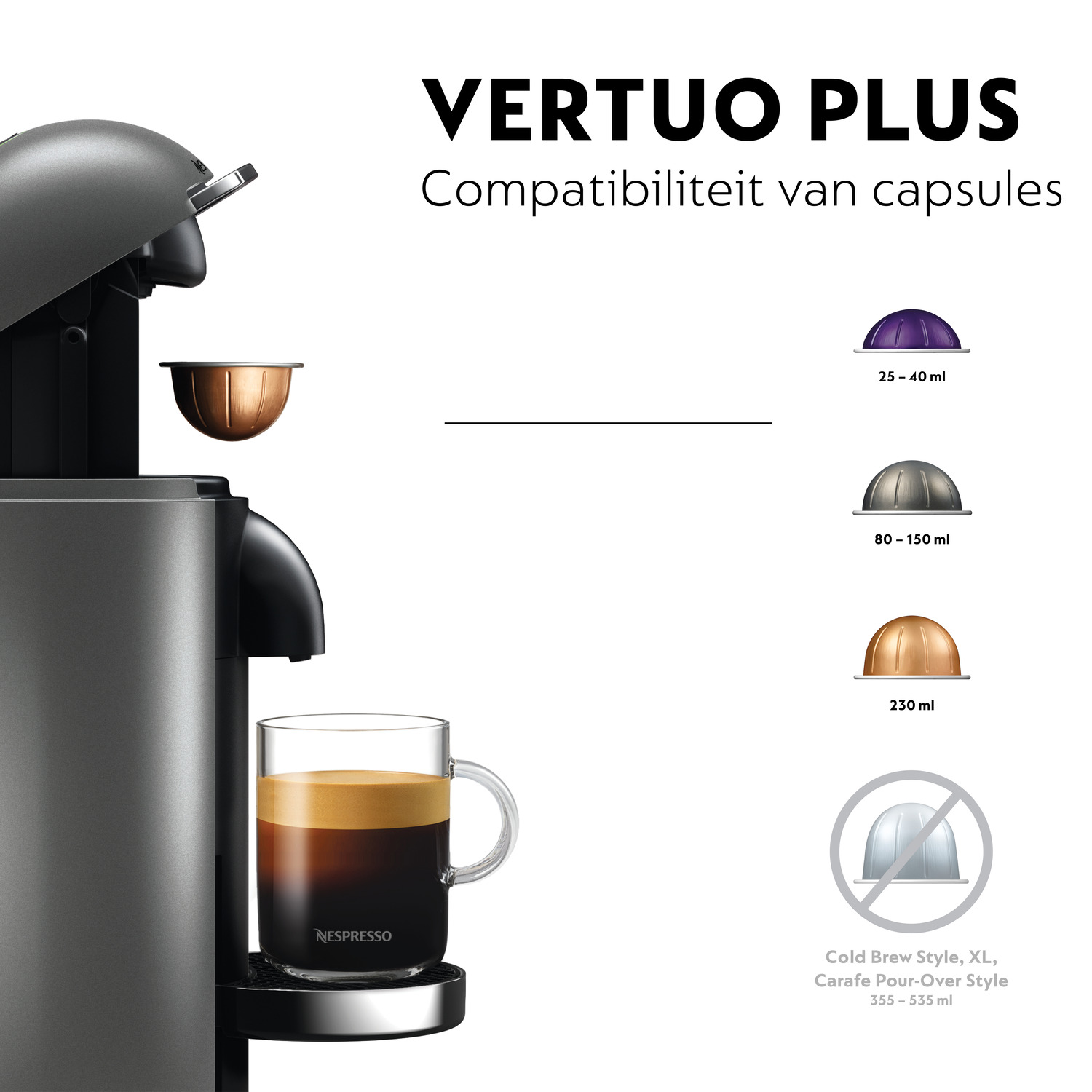 Nespresso Vertuo Plus machine with coffee capsule compatibility chart and a coffee.