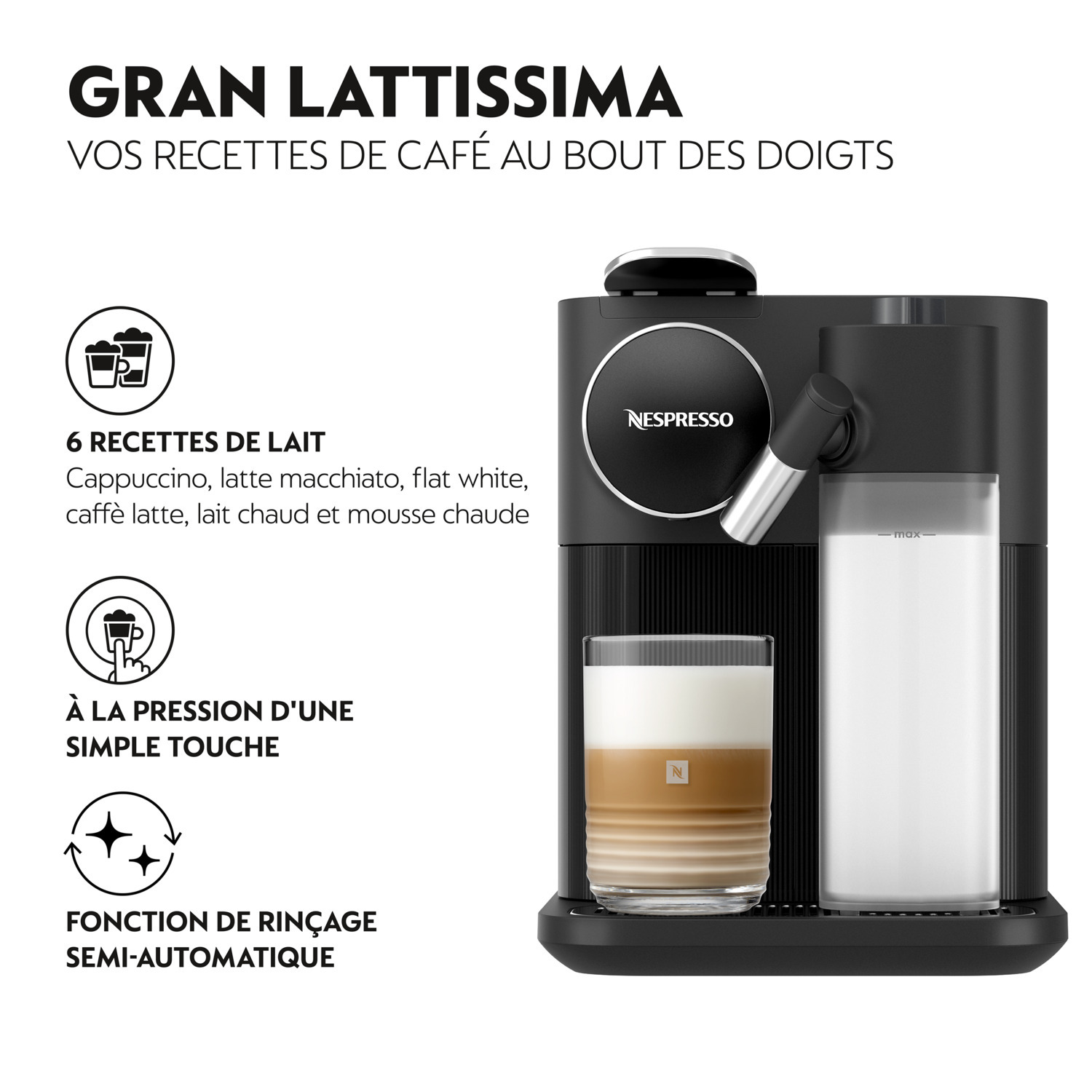 Machine Nespresso noire avec mousseur à lait, verre de latte et texte sur les recettes de café. Noir.