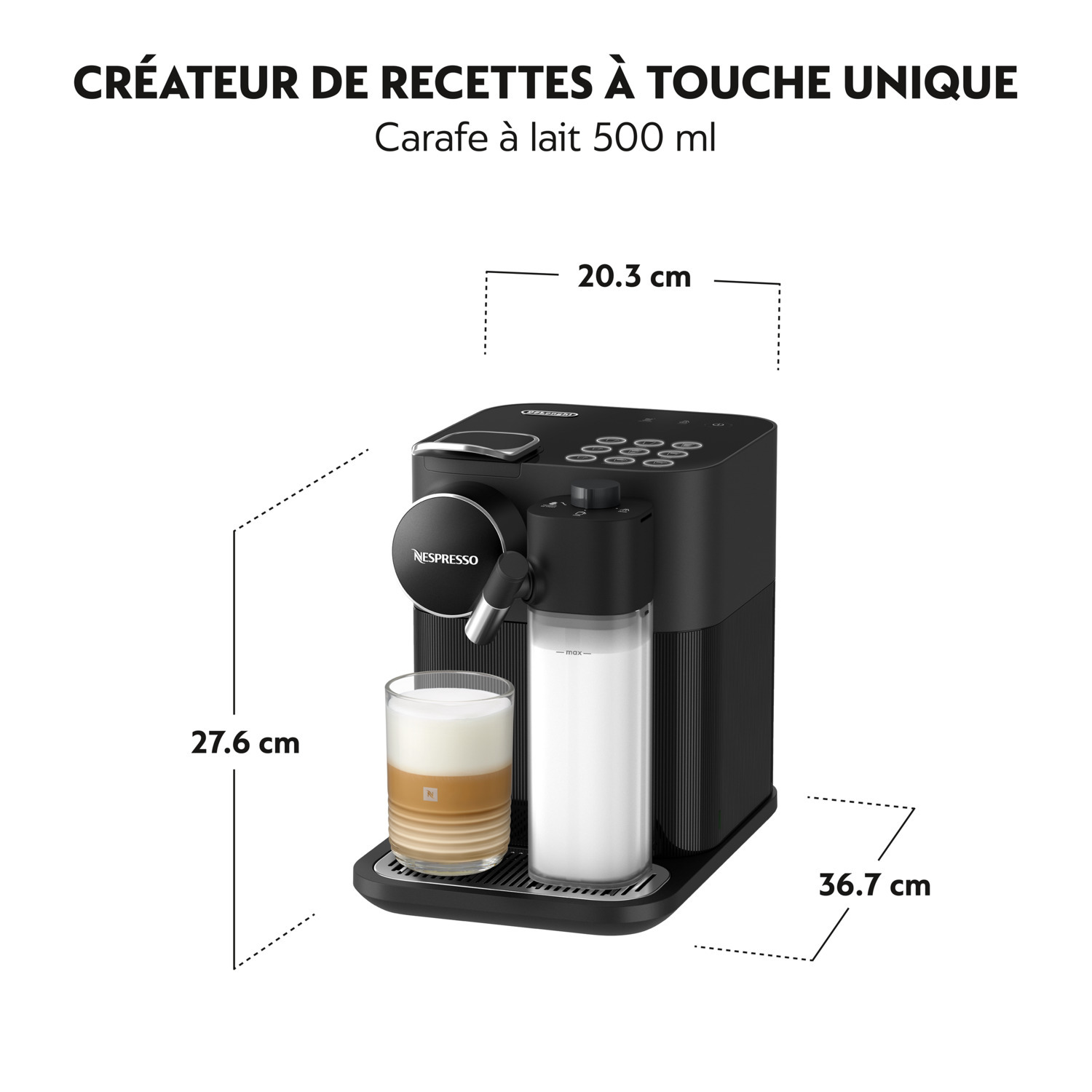Machine Nespresso noire avec dimensions. Mousseur à lait, verre de latte. Fond blanc.