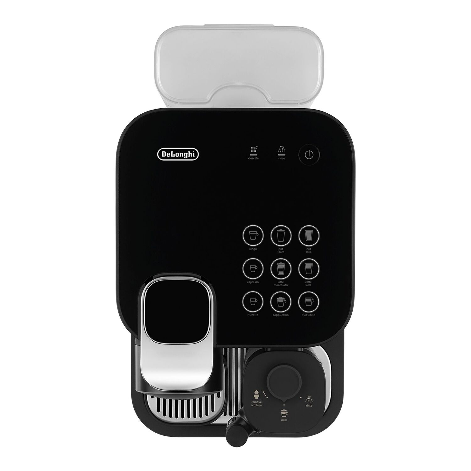Zwart koffiezetapparaat bovenaanzicht met knoppen. Merknaam DeLonghi is zichtbaar.