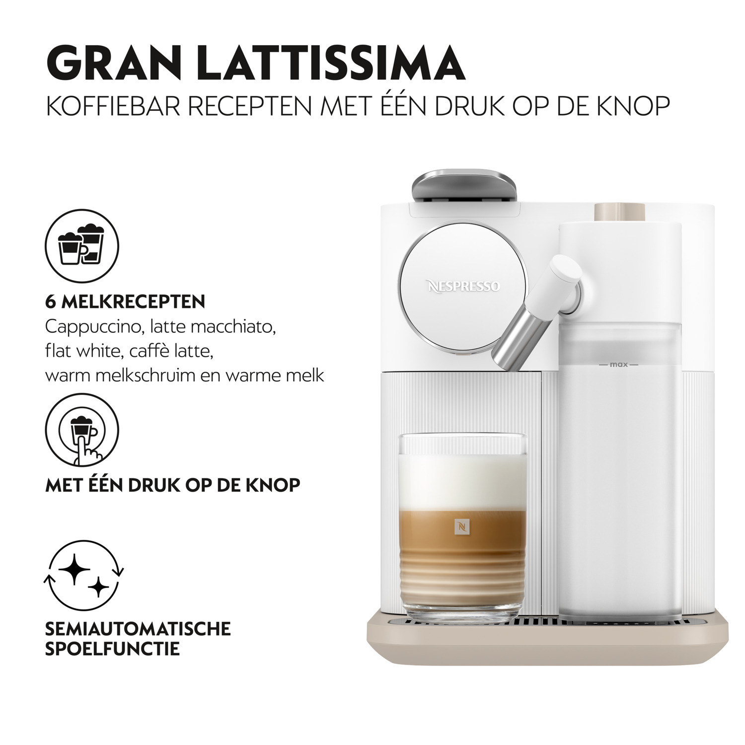 White coffee machine with latte and text about recipes and semi-automatic rinse.